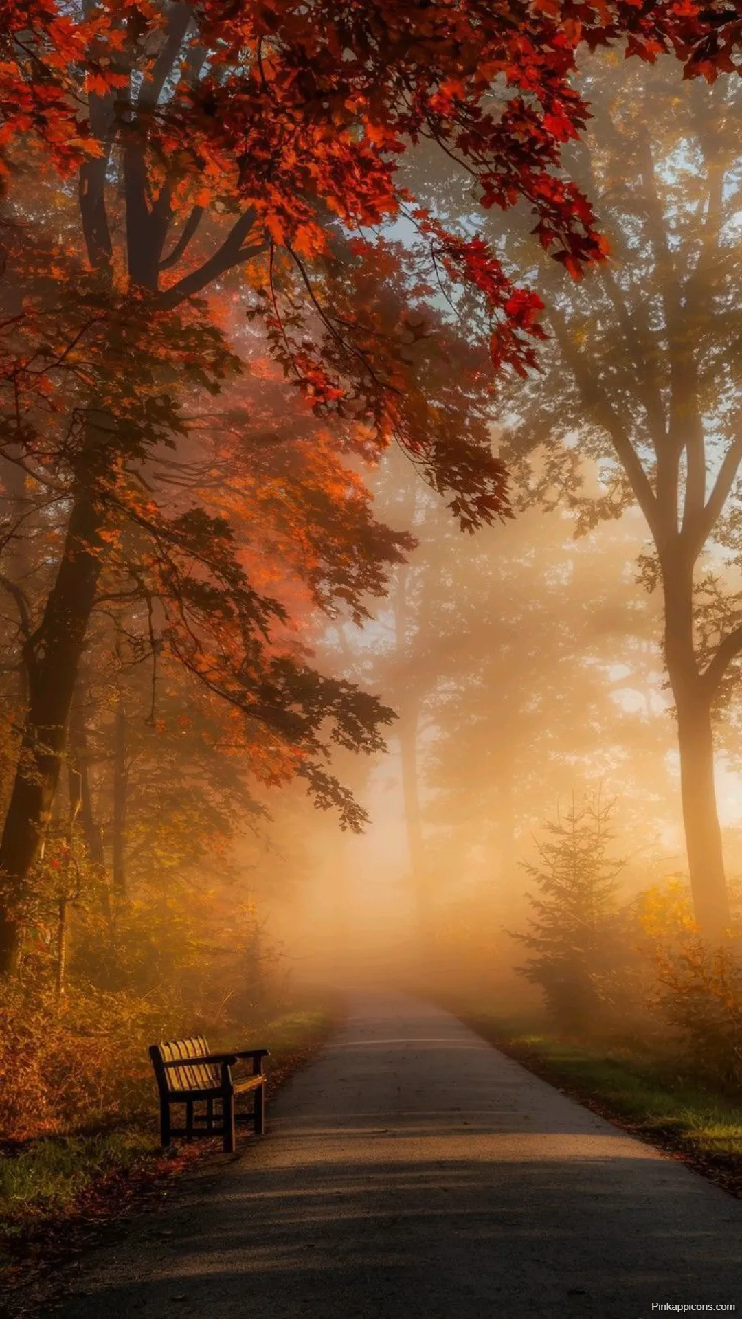 Golden Autumn Wallpapers A Peaceful Bench on a Misty Forest Path at Sunrise Golden Autumn-Wallpapers A Peaceful Bench on a Misty Forest Path at Sunrise