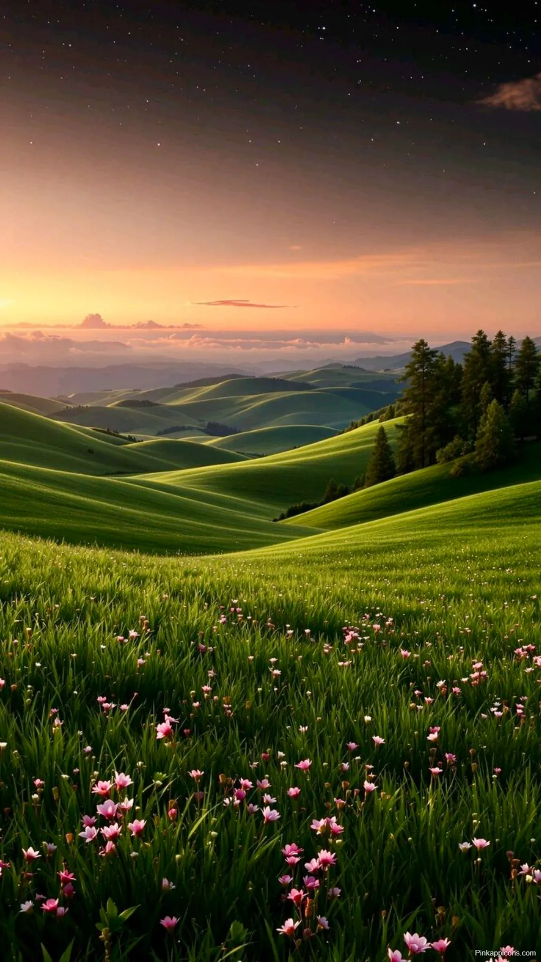 Rolling Green Hills Wildflowers at Dawn Sunrise Wallpapers Rolling Green Hills & Wildflowers at Dawn Sunrise-Wallpapers