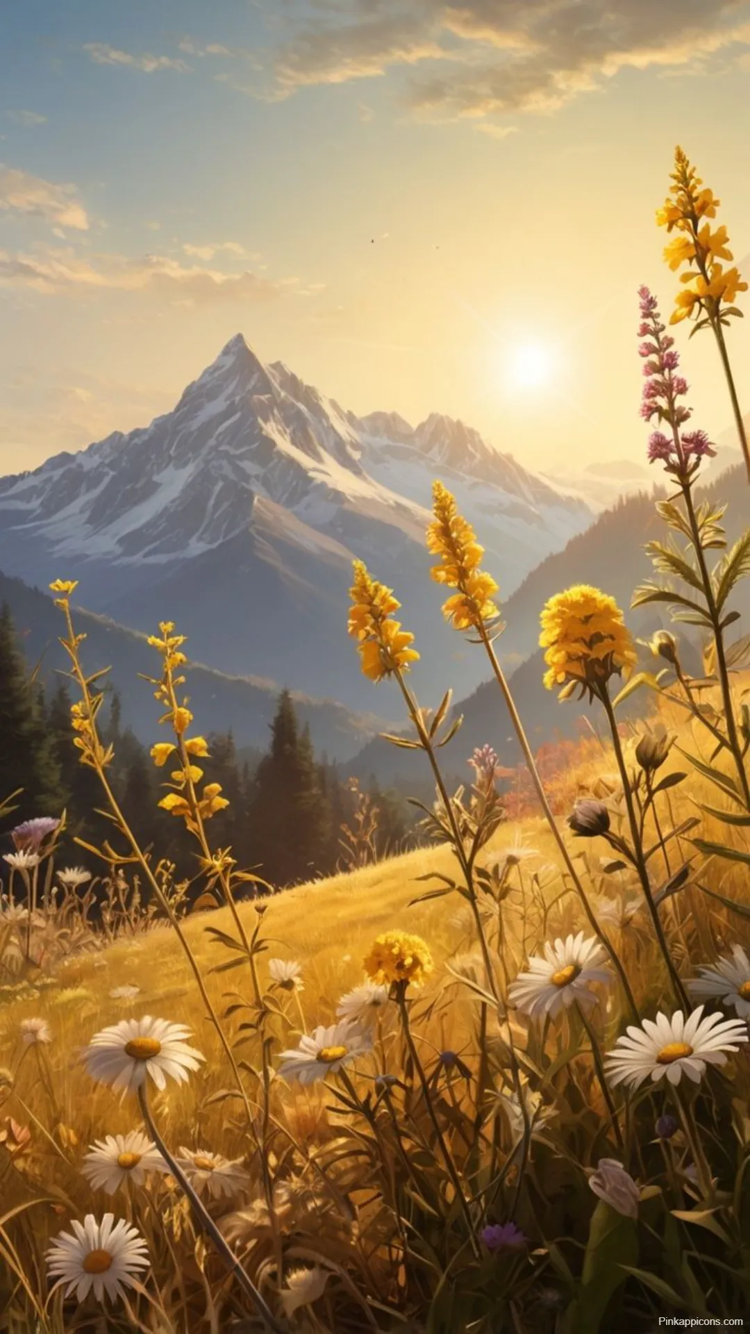 Sunrise Wallpapers Golden Light on Mountain Peaks Daisy Field Sunrise-Wallpapers Golden Light on Mountain Peaks & Daisy Field