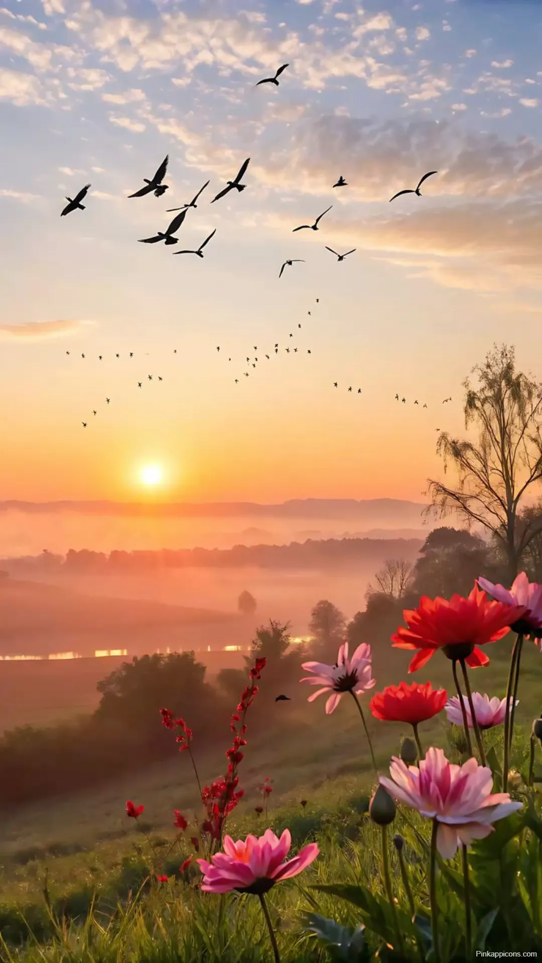 Sunrise Wallpapers Golden Sky Birds in Flight Colorful Floral Meadow Sunrise-Wallpapers Golden Sky, Birds in Flight & Colorful Floral Meadow
