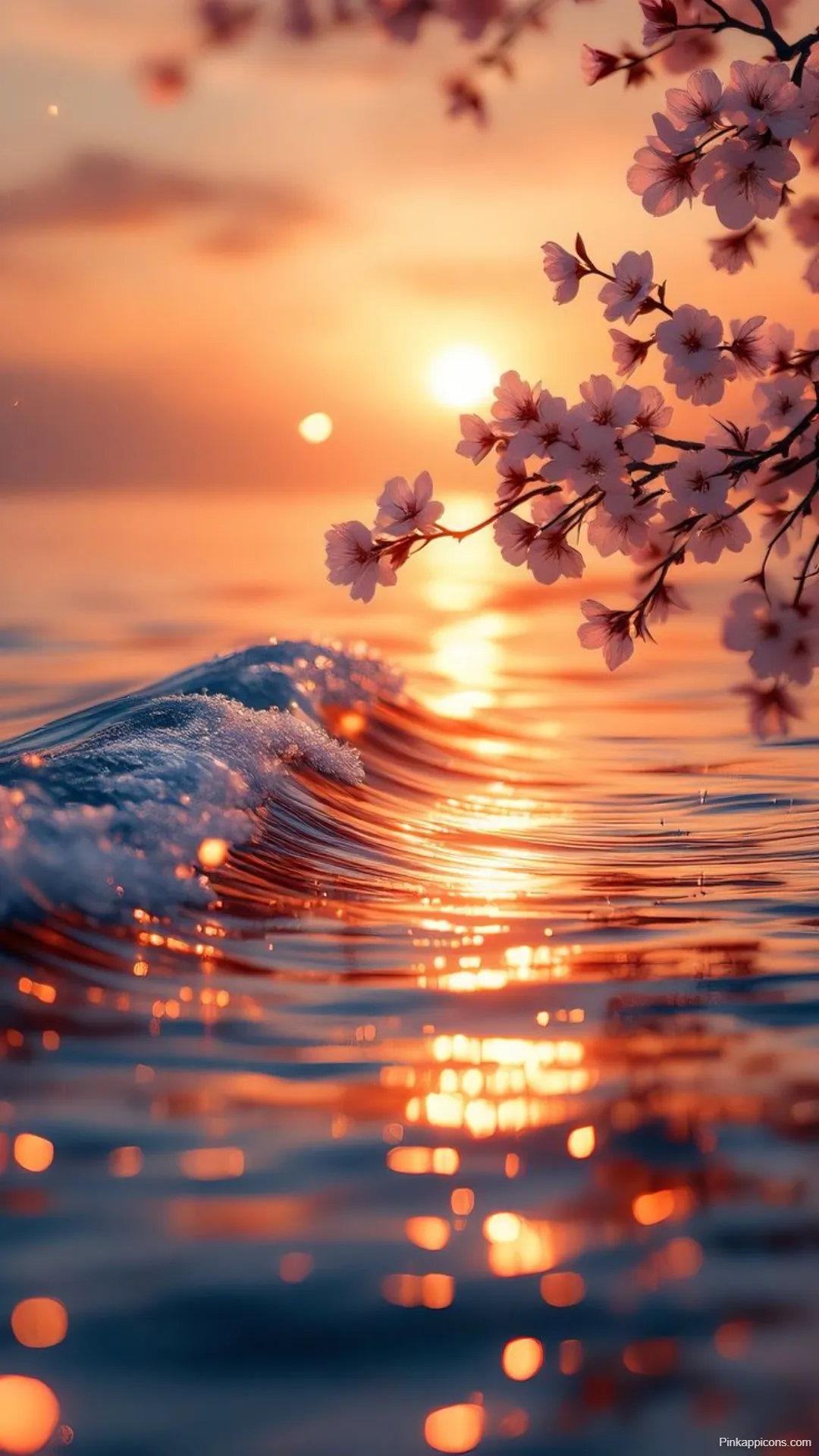 Sunrise Wallpapers Golden Sun Over Water with Pink Blossom Branch Sunrise-Wallpapers Golden Sun Over Water with Pink Blossom Branch