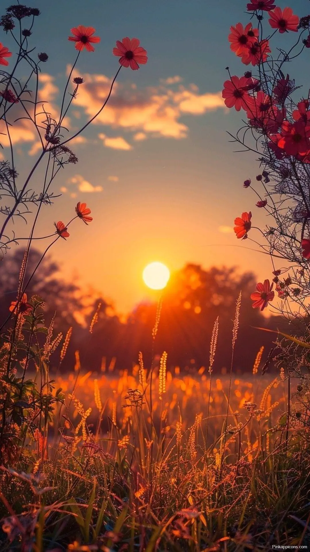 Sunrise Wallpapers Red Cosmos Flowers in Sunlit Meadow Glow Sunrise-Wallpapers Red Cosmos Flowers in Sunlit Meadow Glow