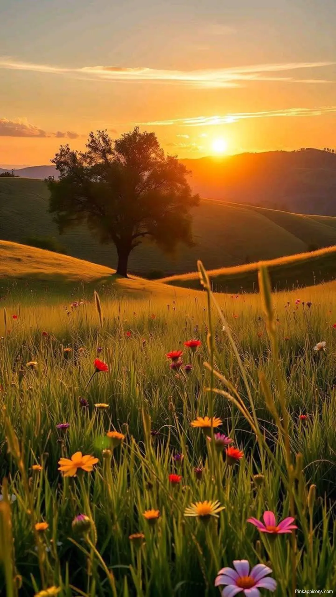 Sunrise Wallpapers Serene Field of Flowers with Tree Rolling Hills Sunrise-Wallpapers Serene Field of Flowers with Tree & Rolling Hills