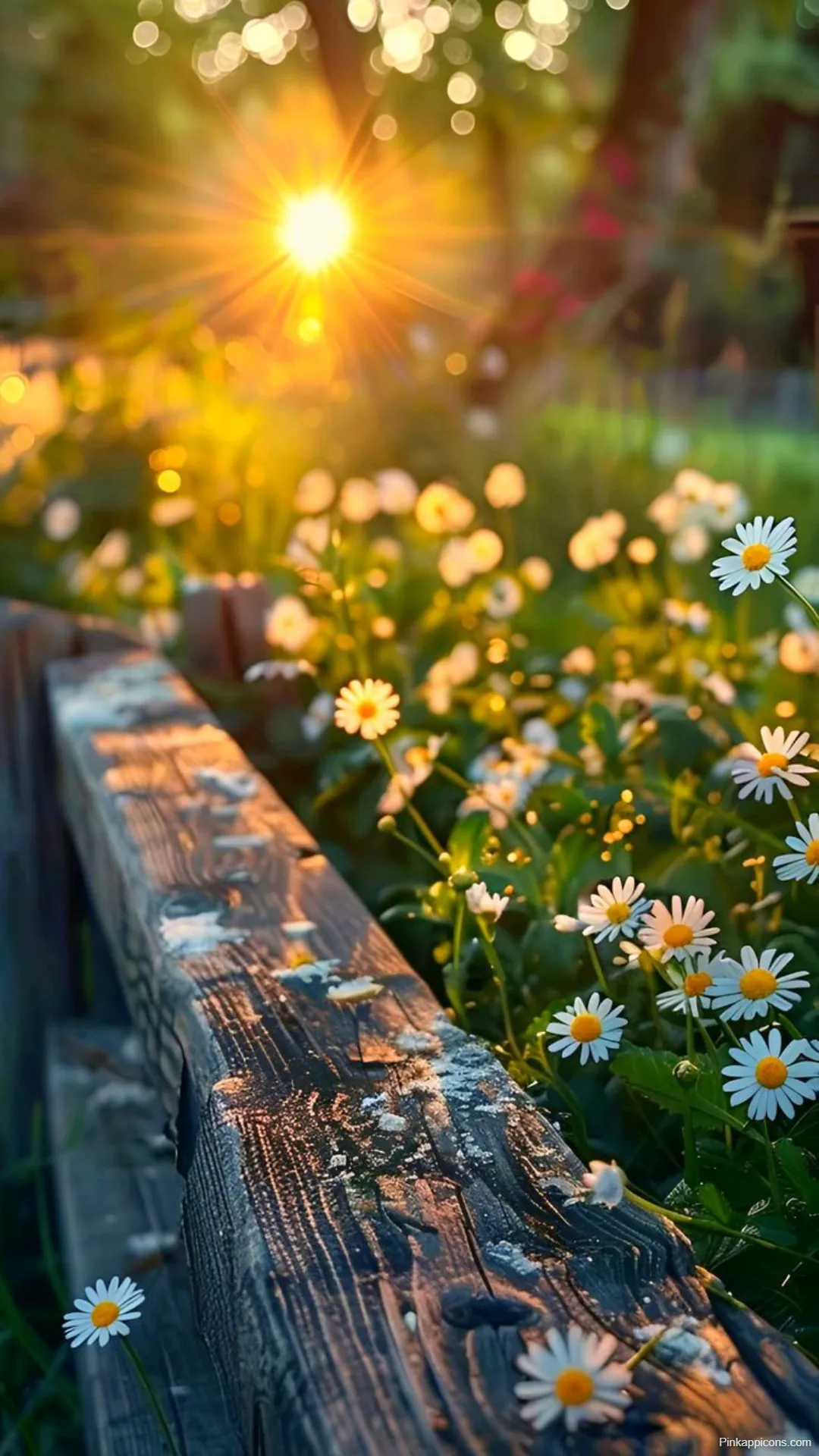 Sunrise Wallpapers Sun Kissed Daisies Weathered Wood Fence Sunrise-Wallpapers Sun-Kissed Daisies & Weathered Wood Fence