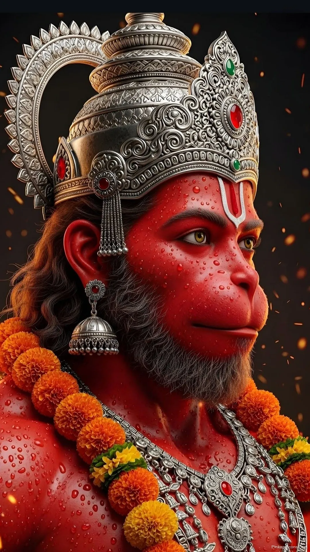 Divine Red Hanuman iPhone Wallpaper with Crown Garland Details Divine Red Hanuman iPhone Wallpaper with Crown & Garland Details