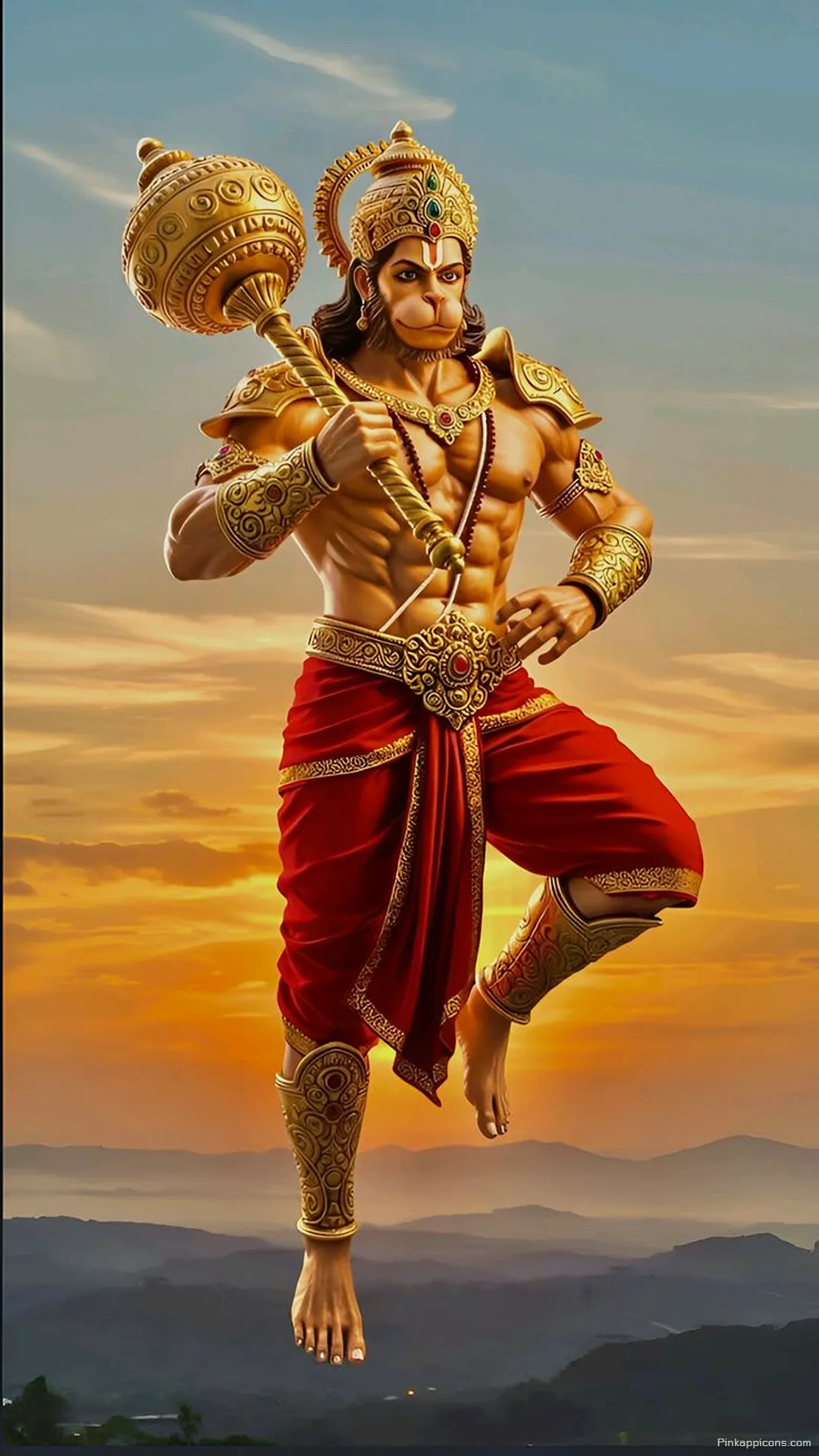 Dynamic Hanuman iPhone Wallpaper Mighty Lord with Mace in Sunset Sky Dynamic Hanuman iPhone Wallpaper Mighty Lord with Mace in Sunset Sky