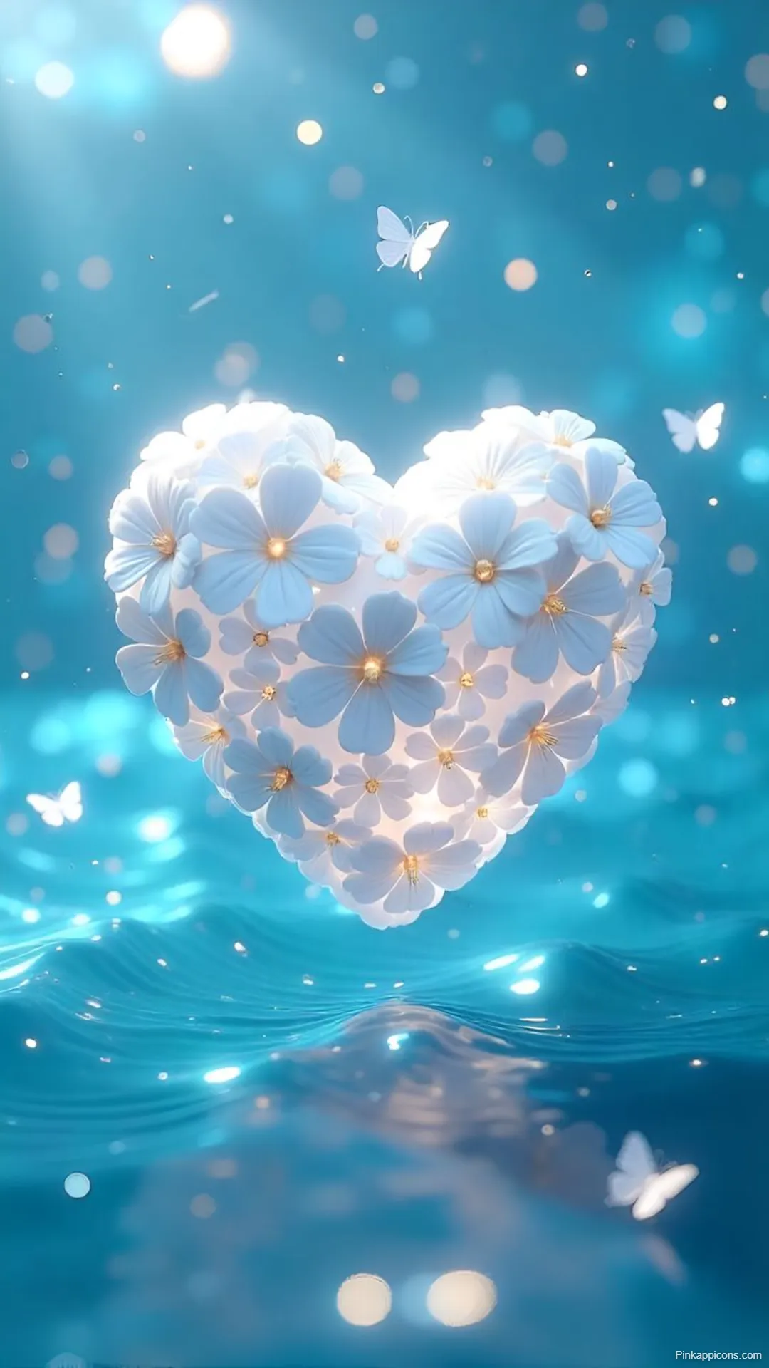 Floating Floral Heart Wallpaper Magical White Flowers on Blue Water for Phone Floating Floral Heart Wallpaper Magical White Flowers on Blue Water for Phone