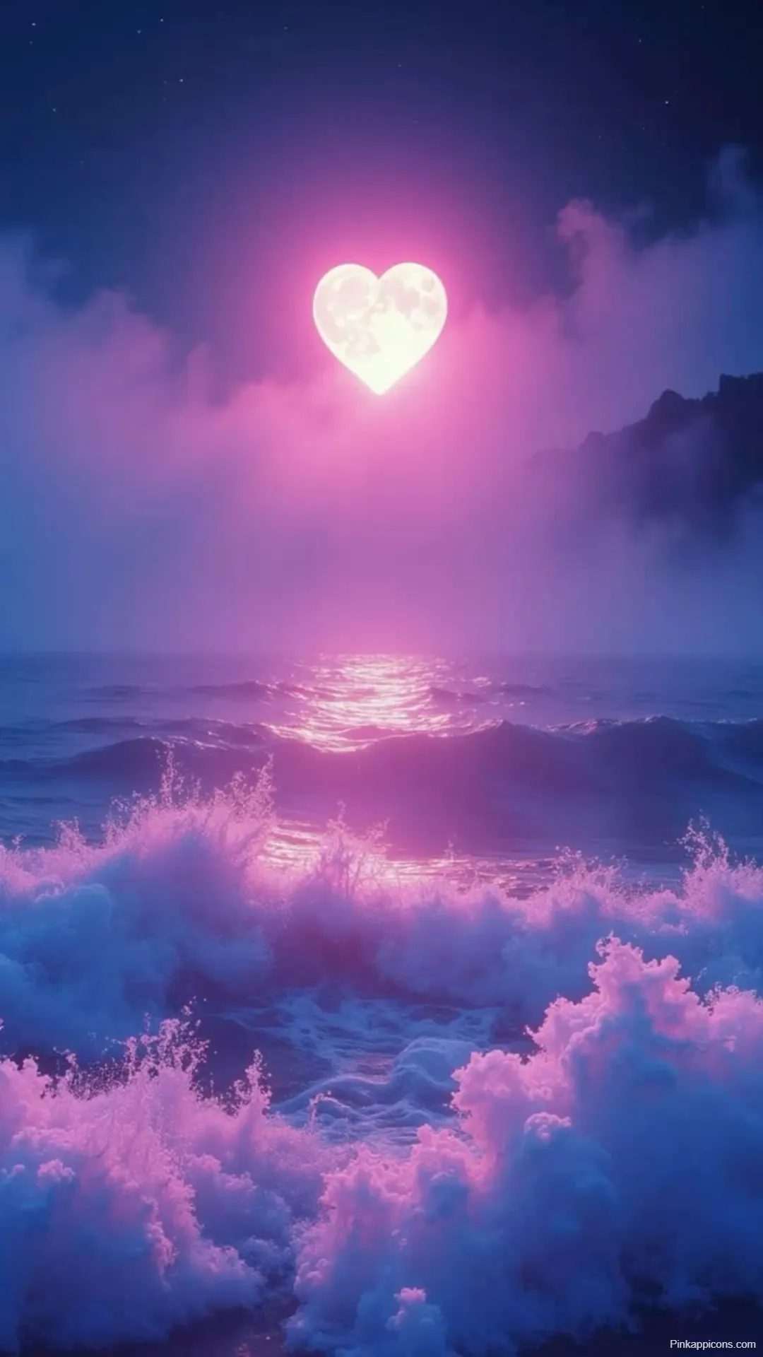 Heart Moon Wallpaper Romantic Ocean Waves in Pink Purple Hues for Phone Heart Moon Wallpaper Romantic Ocean Waves in Pink & Purple Hues for Phone