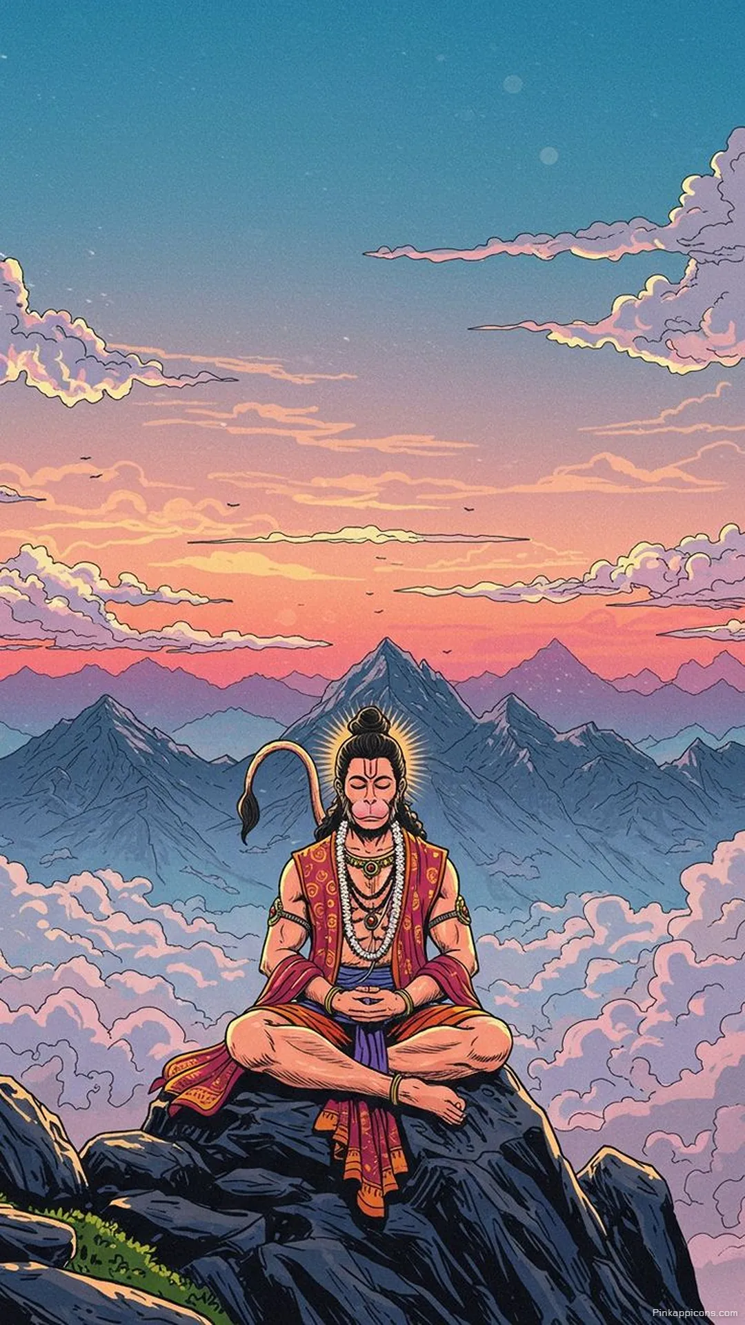 Meditating Hanuman iPhone Wallpaper Serene Mountain Sunset Background Meditating Hanuman iPhone Wallpaper Serene Mountain Sunset Background