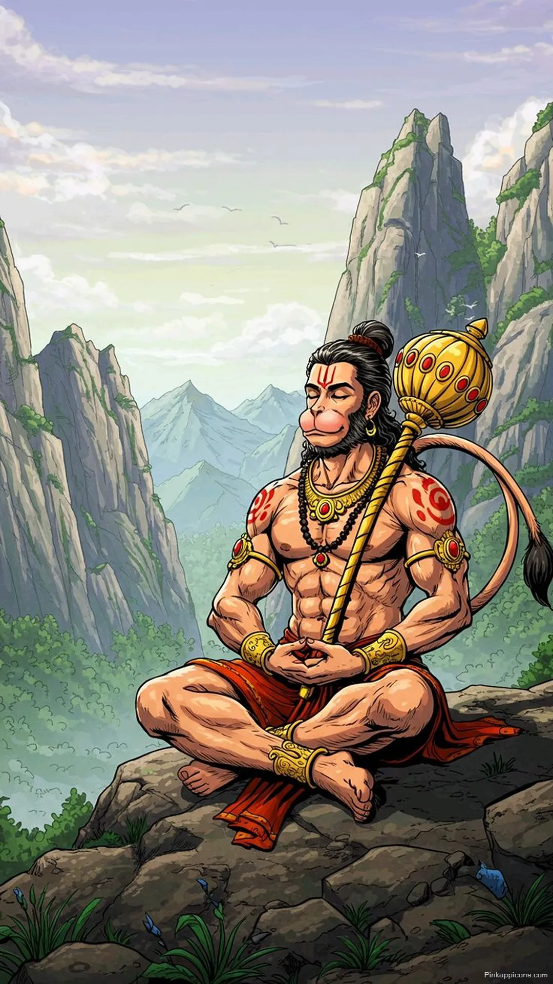 Meditating Hanuman iPhone Wallpaper Serene Mountain Valley Background Meditating Hanuman iPhone Wallpaper Serene Mountain Valley Background