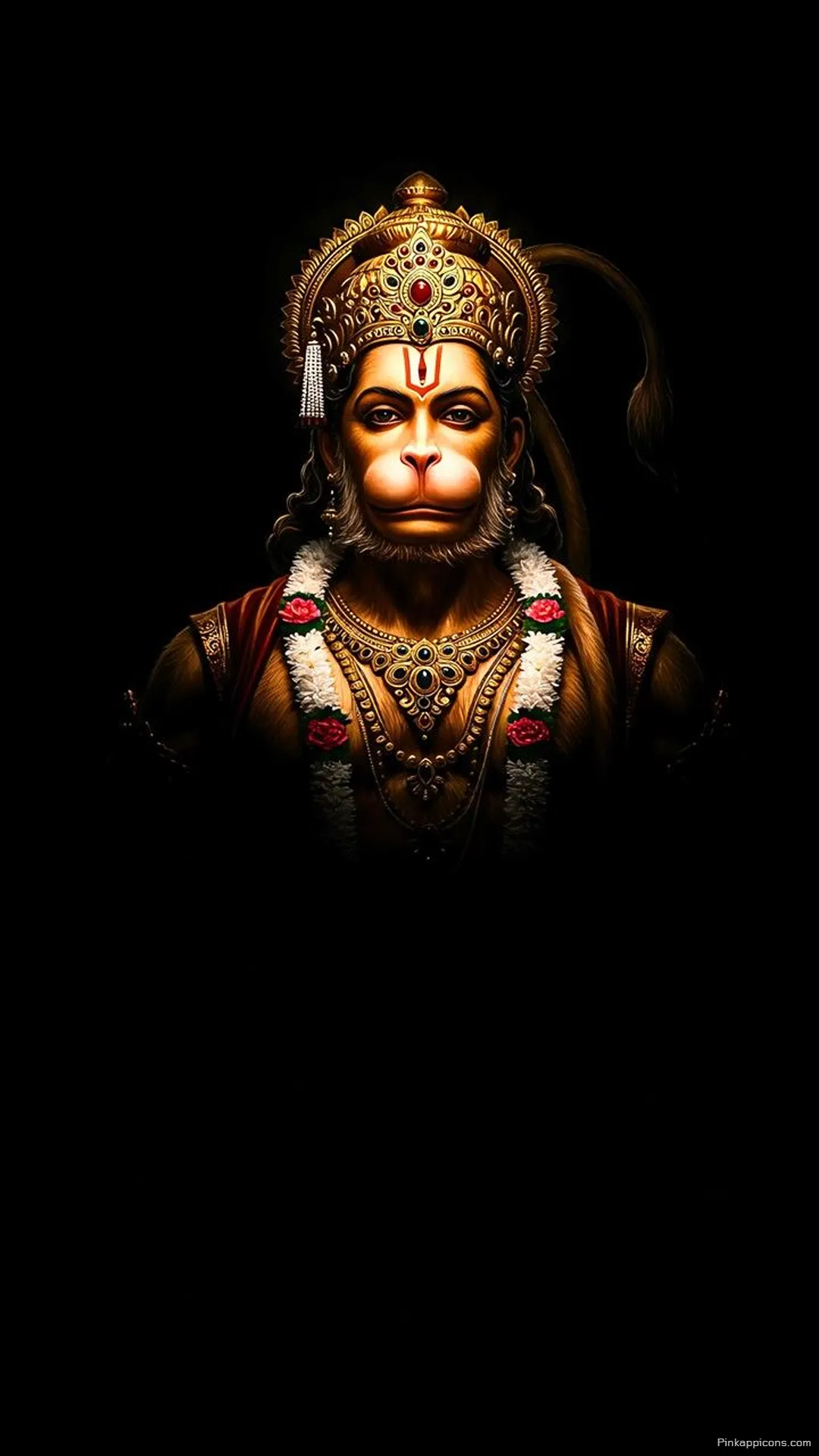 Regal Lord Hanuman iPhone Wallpaper Adorned Deity on Dark Background Regal Lord Hanuman iPhone Wallpaper Adorned Deity on Dark Background