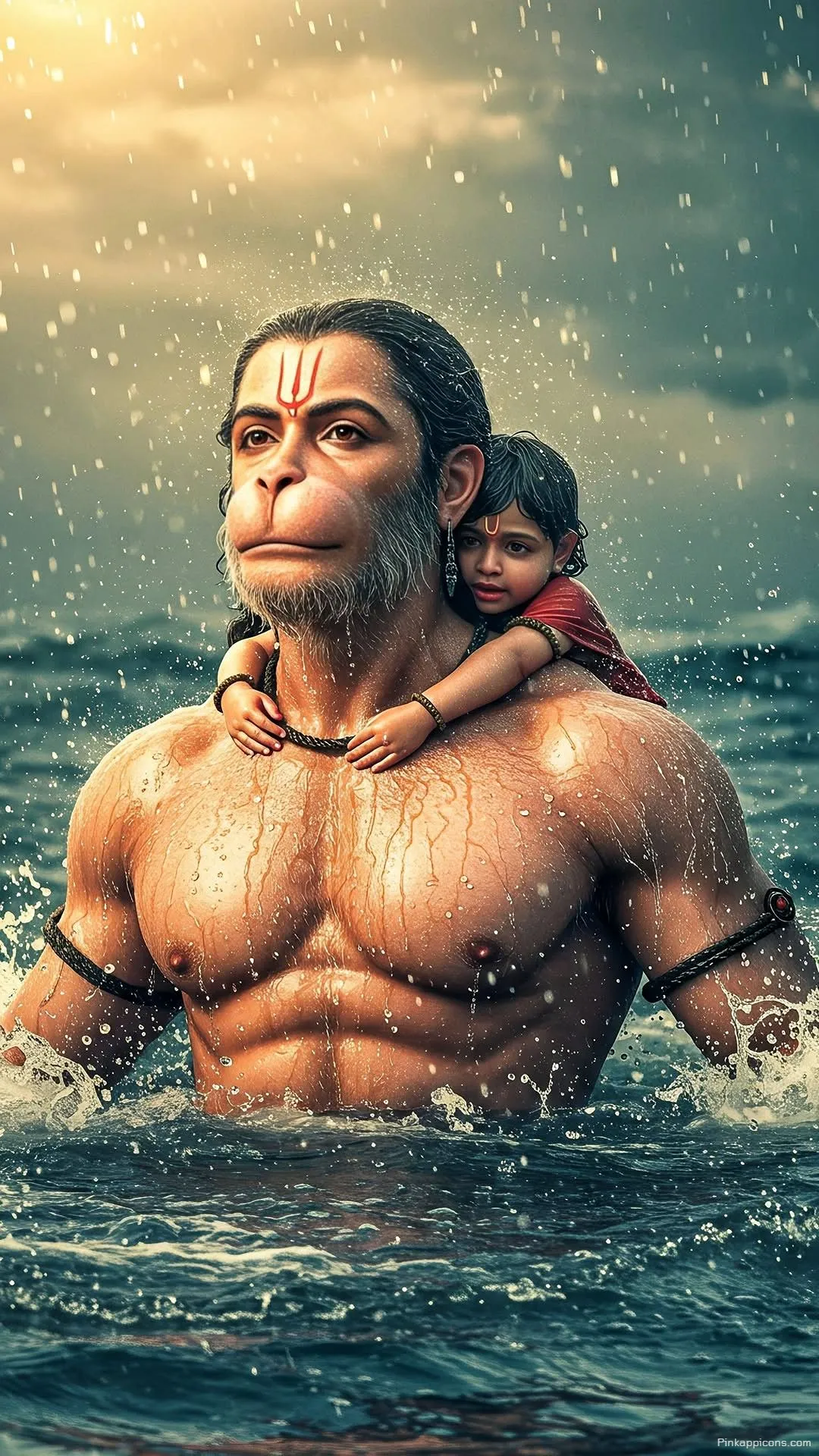 iPhone Hanuman Wallpaper Divine Protector Carrying Child Through Water iPhone Hanuman Wallpaper Divine Protector Carrying Child Through Water