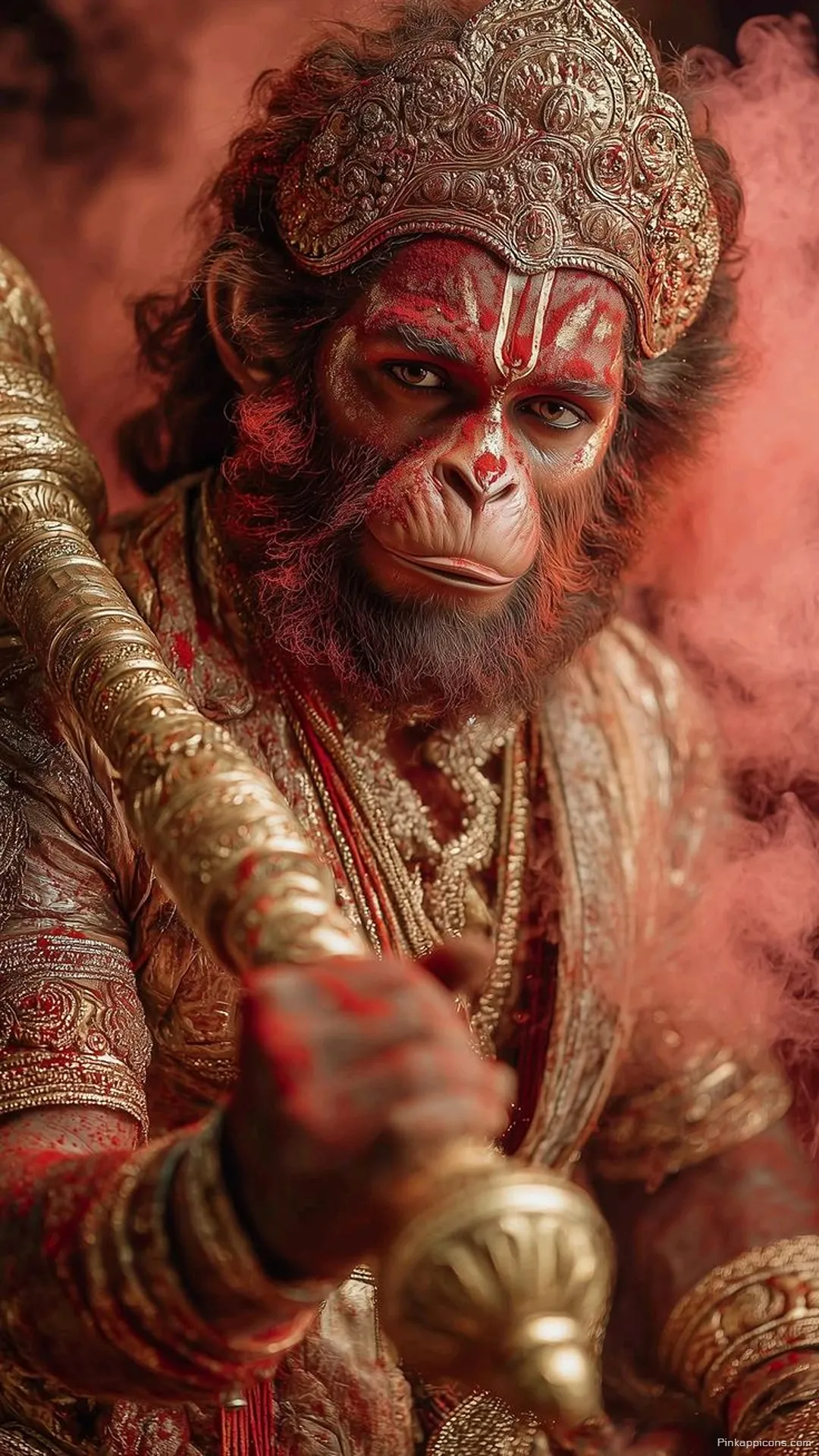 iPhone Hanuman Wallpaper Mighty Red Deity with Gada Holi Colors iPhone Hanuman Wallpaper Mighty Red Deity with Gada & Holi Colors