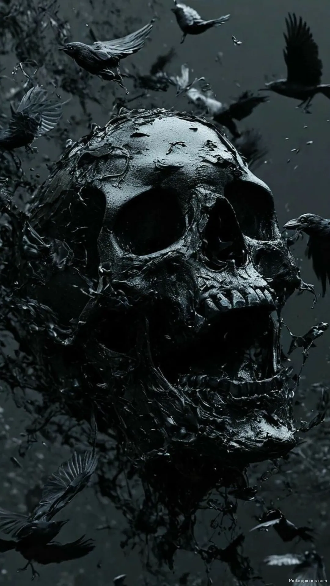 A Skull Wallpaper of a Skeleton Surrounded by Birds for an Eerie Vibe A Skull Wallpaper of a Skeleton Surrounded by Birds for an Eerie Vibe