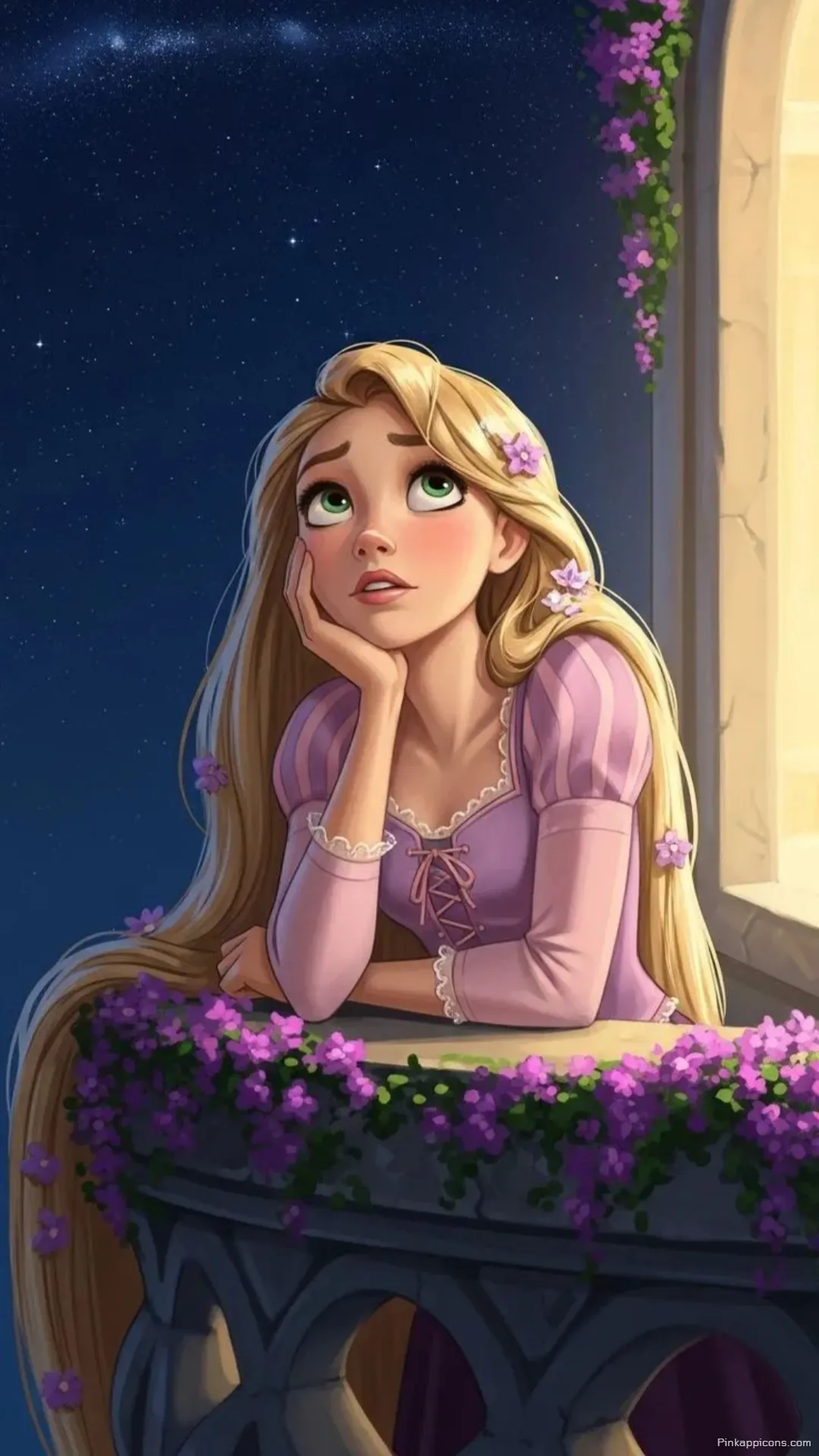 Aesthetic Art Princess Wallpaper of Rapunzel With Long Hair and Flowers on a Starry Night Aesthetic Art Princess Wallpaper of Rapunzel With Long Hair and Flowers on a Starry Night