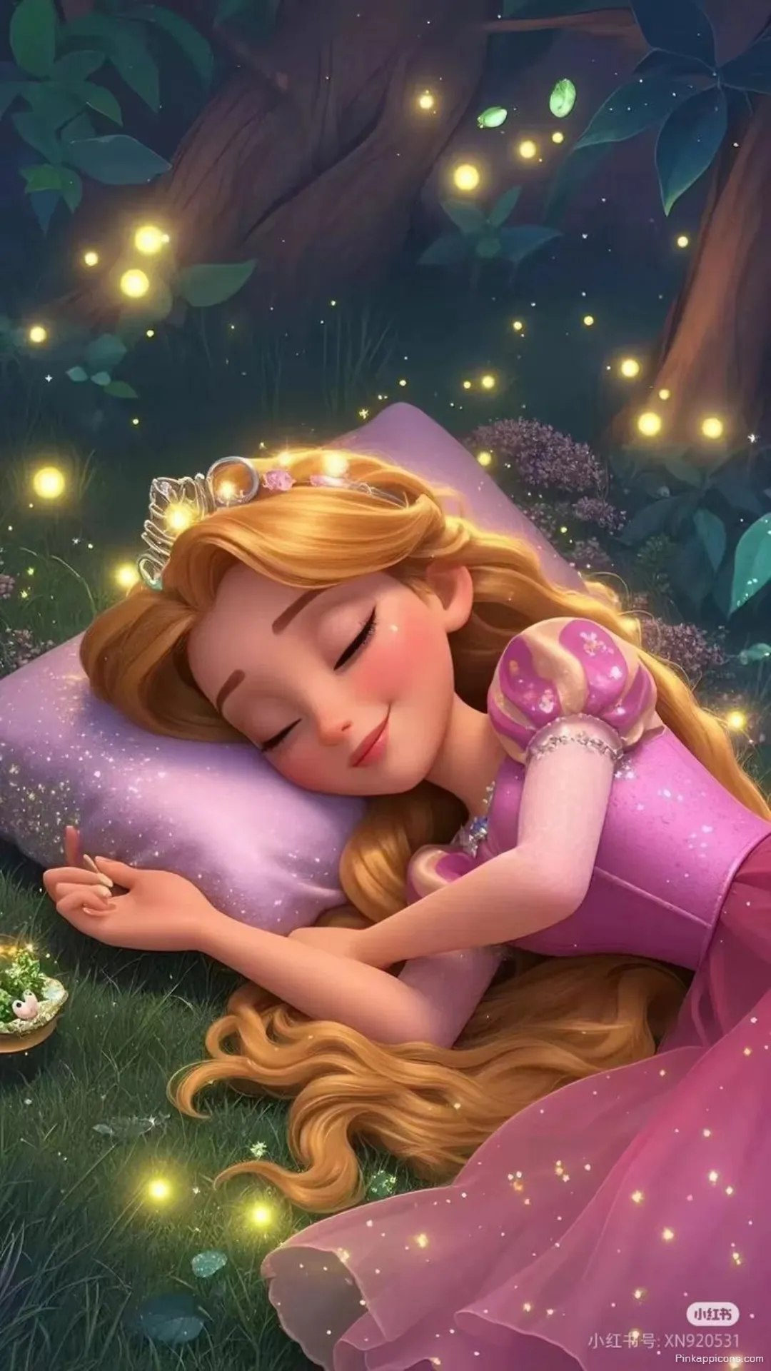 Aesthetic Disney Princess Wallpaper of a Sleeping Rapunzel in Her Pink Gown and Tiara Aesthetic Disney Princess Wallpaper of a Sleeping Rapunzel in Her Pink Gown and Tiara