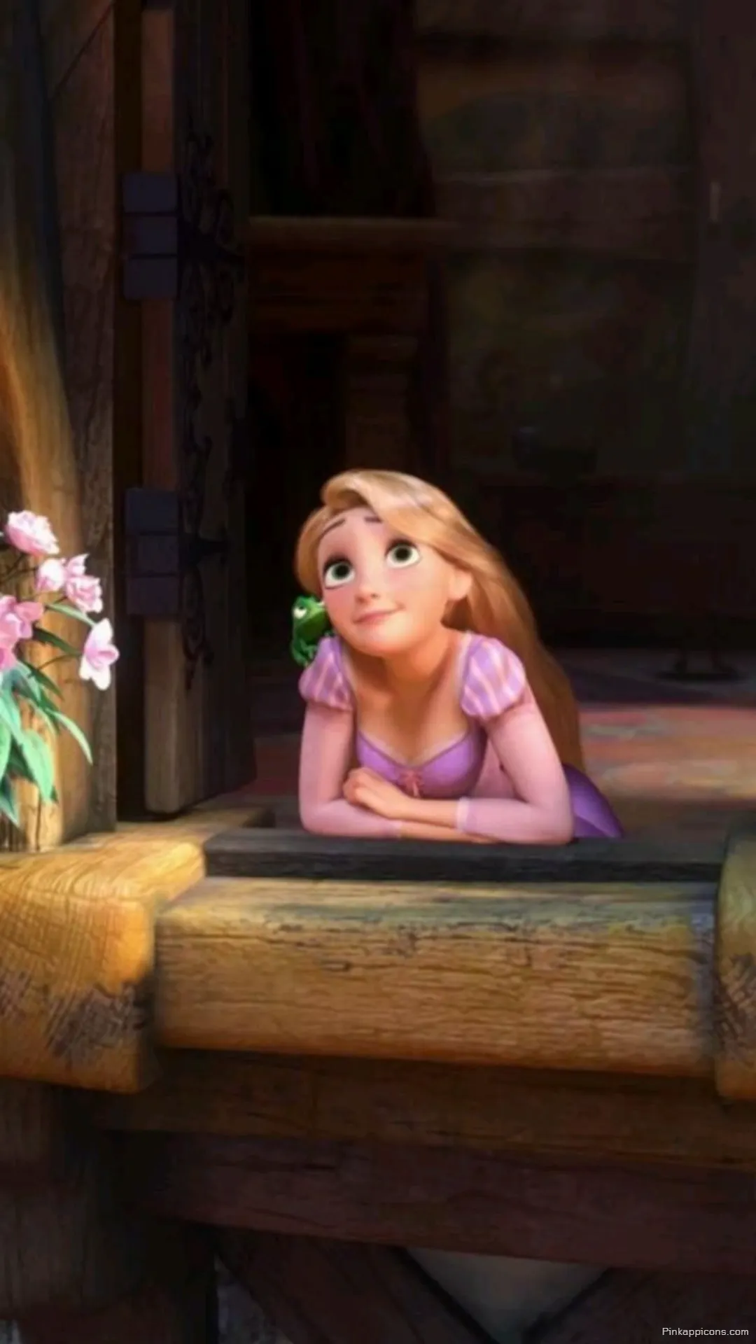 Aesthetic Princess Wallpaper of Rapunzel With Pascal on Her Shoulder at Her Castle Window Aesthetic Princess Wallpaper of Rapunzel With Pascal on Her Shoulder at Her Castle Window