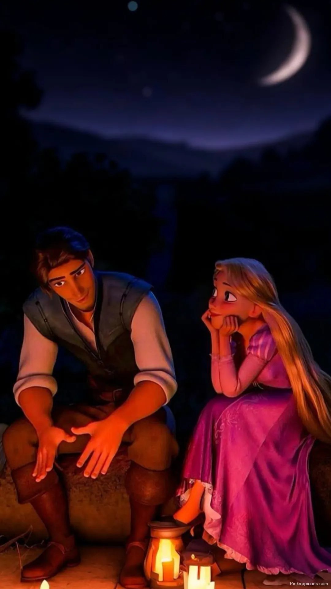 Aesthetic Princess Wallpaper of Tangleds Rapunzel and Eugene in the Moonlight by a Fire Aesthetic Princess Wallpaper of Tangled’s Rapunzel and Eugene in the Moonlight by a Fire