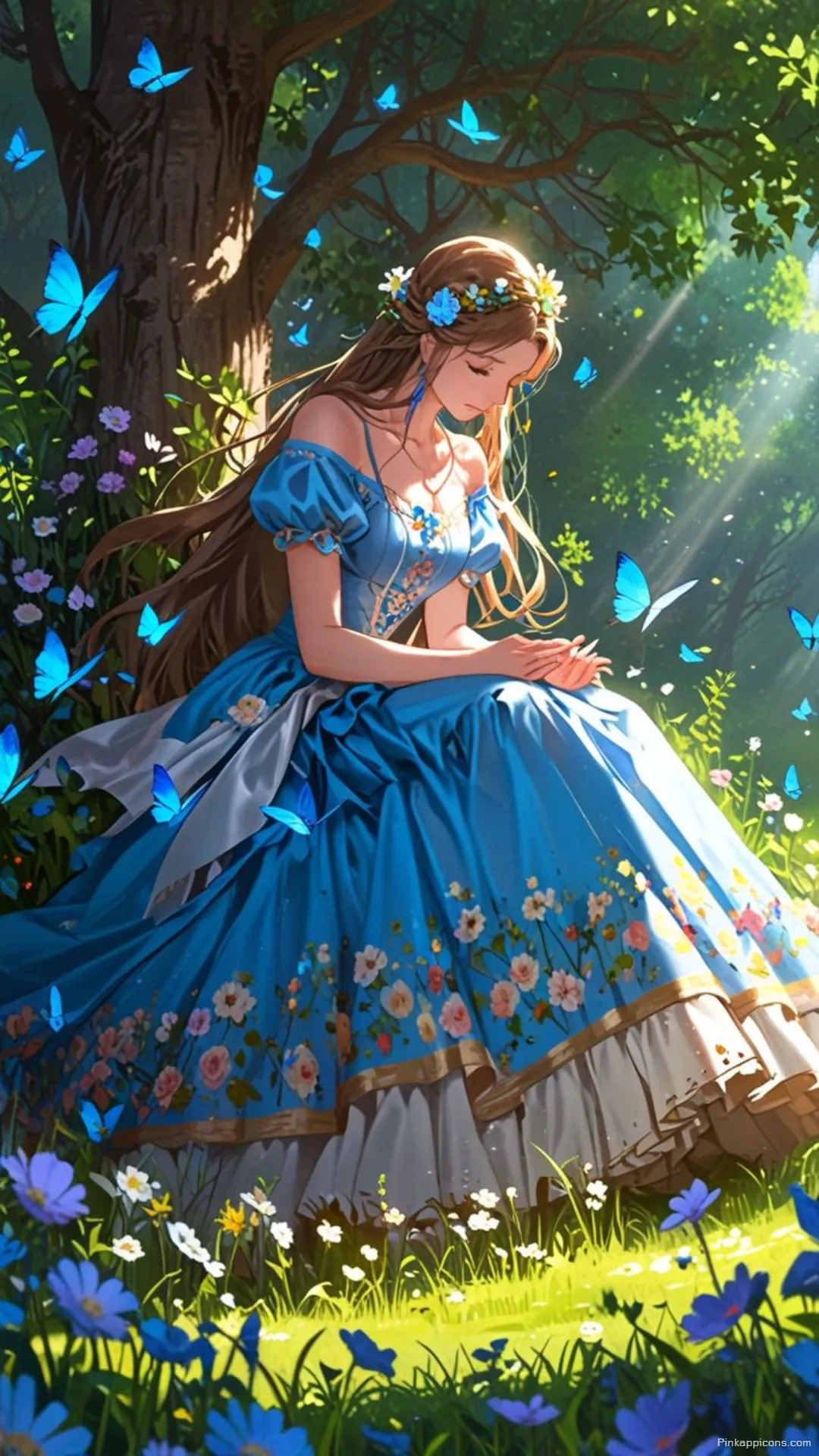 Aesthetic Princess Wallpaper of a Woman in a Floral Blue Gown in a Magical Forest for Phone Aesthetic Princess Wallpaper of a Woman in a Floral Blue Gown in a Magical Forest for Phone
