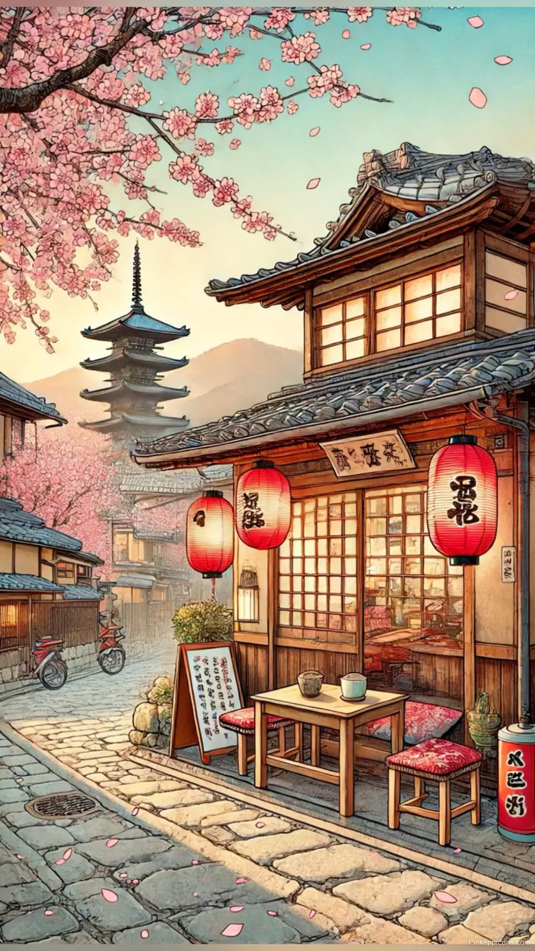 Anime Style Spring Day Tokyo Wallpaper A Charming Japanese Town with Sakura and a Pagoda Anime-Style Spring Day Tokyo Wallpaper A Charming Japanese Town with Sakura and a Pagoda
