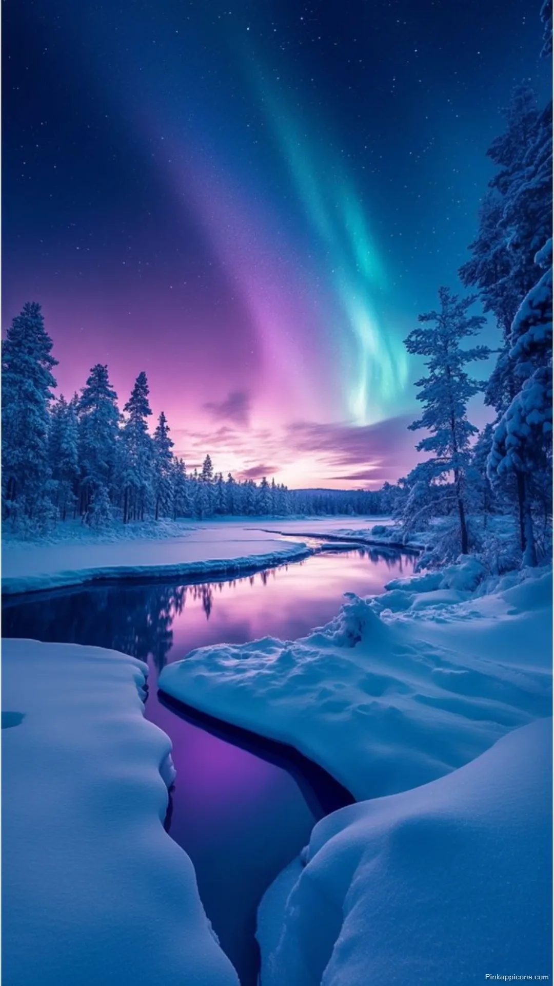 Aurora Borealis Wallpaper An HD image of the Northern Lights reflecting on a frozen river ideal for a mobile background Aurora Borealis Wallpaper An HD image of the Northern Lights reflecting on a frozen river, ideal for a mobile background.
