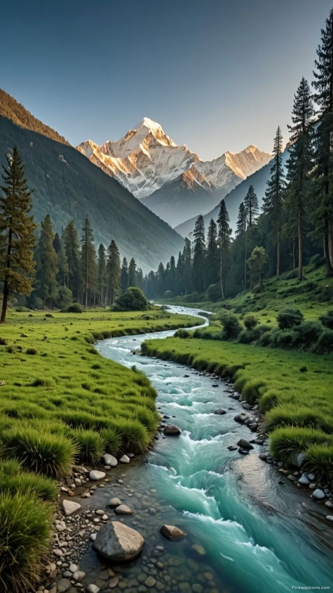 Beautiful Alpine Forest Wallpaper with a Flowing River in a Valley Beautiful Alpine Forest Wallpaper with a Flowing River in a Valley