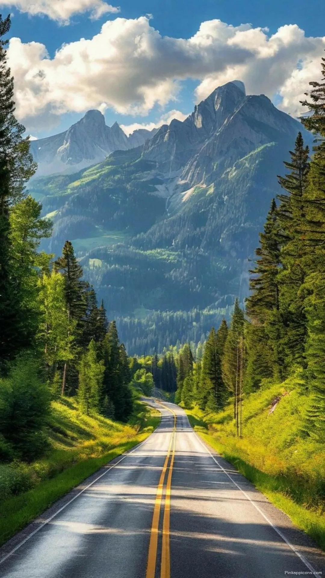 Beautiful Alpine Forest Wallpaper with a Road Leading to the Mountains Beautiful Alpine Forest Wallpaper with a Road Leading to the Mountains