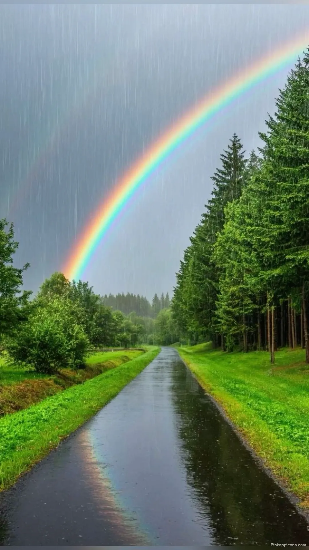 Beautiful Forest Rainbow Wallpaper Wet Road Reflecting Colors Amidst Tall Pines Beautiful Forest Rainbow Wallpaper Wet Road Reflecting Colors Amidst Tall Pines