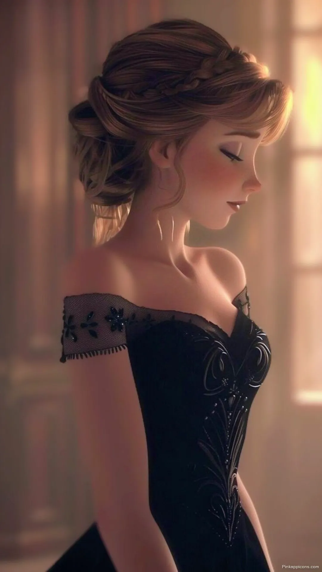 Beautiful Frozen Princess Wallpaper of Anna With a Braided Updo in an Ornate Black Gown Beautiful Frozen Princess Wallpaper of Anna With a Braided Updo in an Ornate Black Gown
