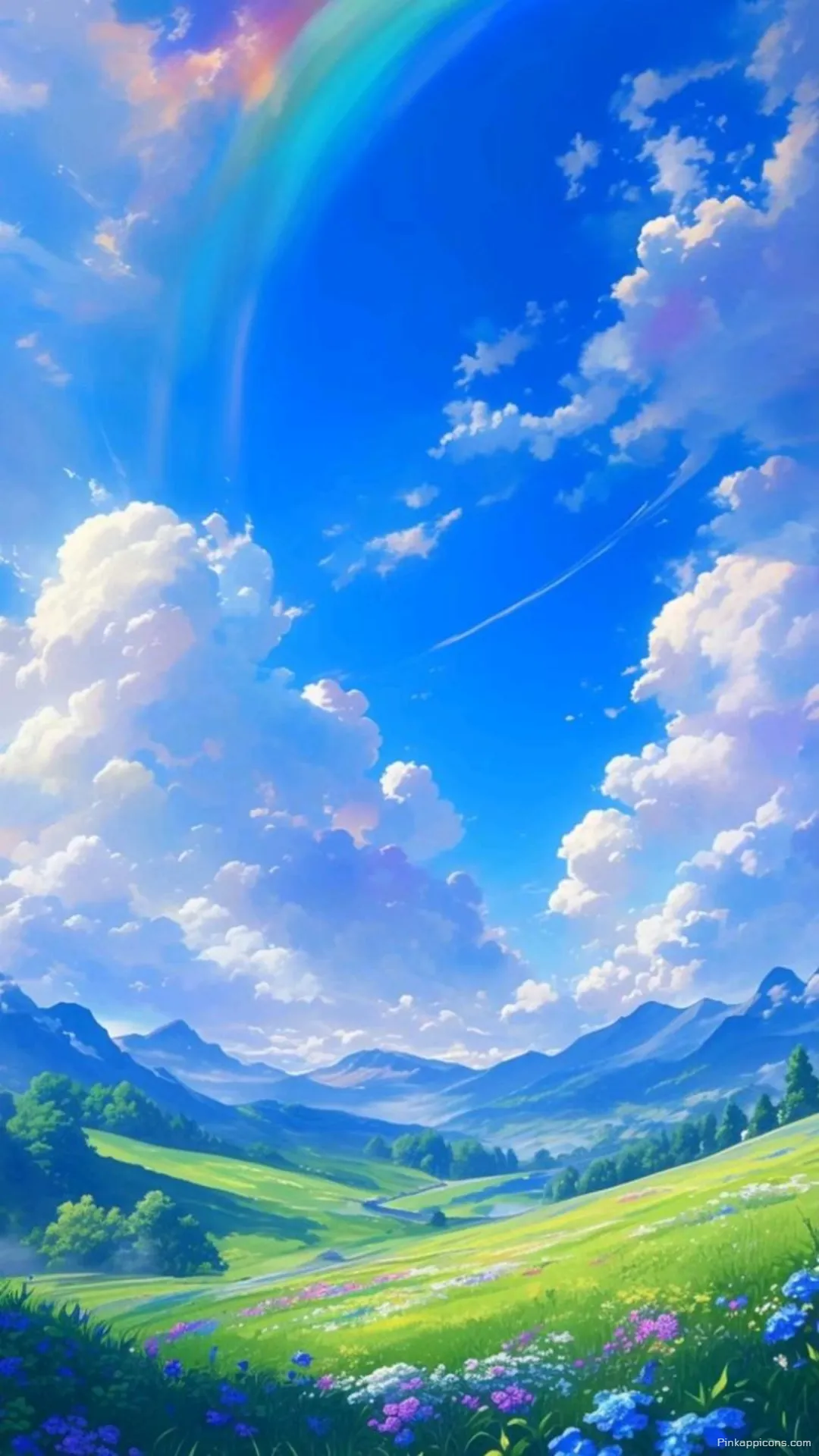 Beautiful Landscape Rainbow Wallpaper Rolling Hills Flowers and White Clouds Beautiful Landscape Rainbow Wallpaper Rolling Hills, Flowers, and White Clouds