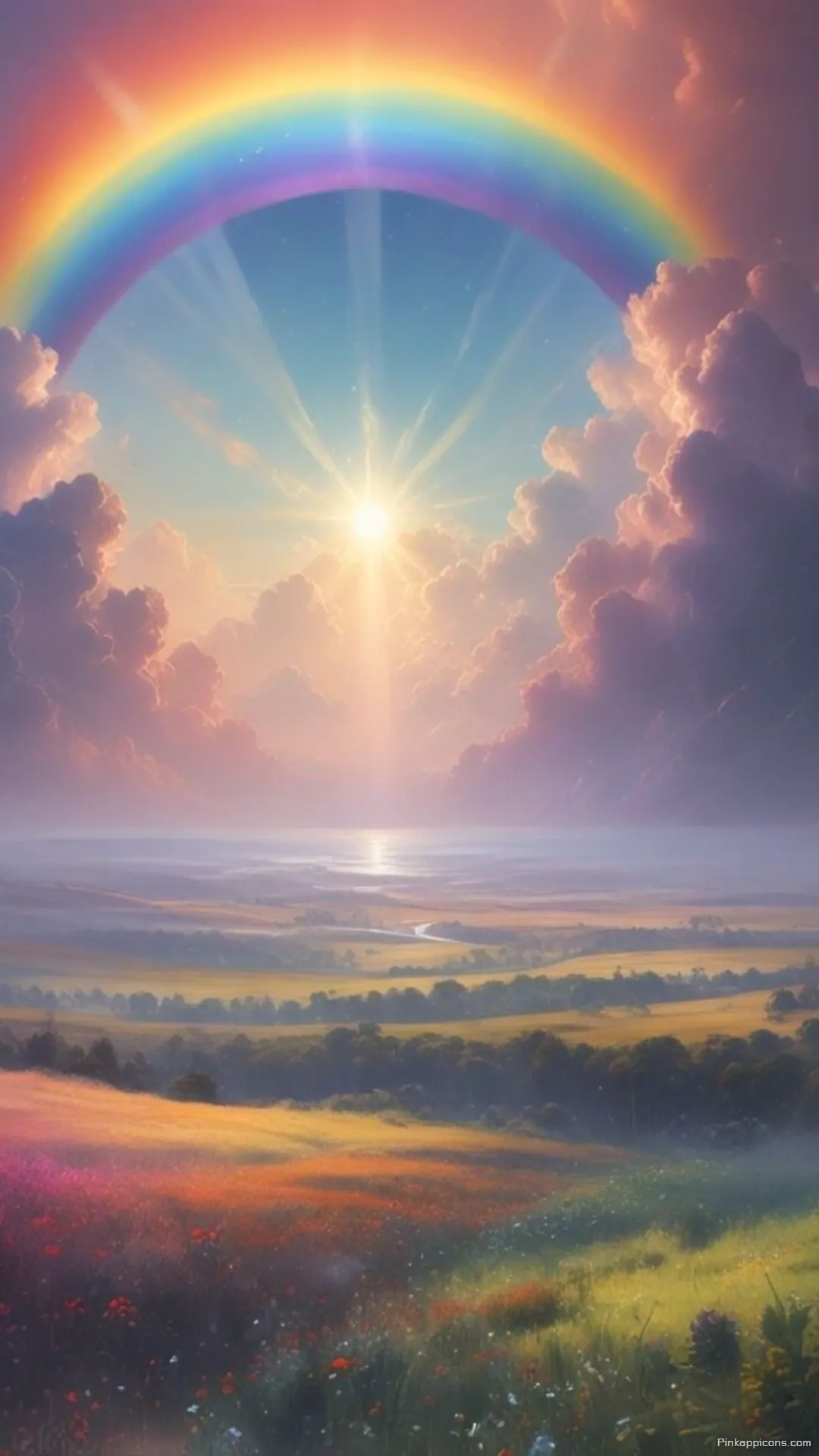 Beautiful Meadow Rainbow Wallpaper A Bright Sun and Colorful Fields at Sunrise Beautiful Meadow Rainbow Wallpaper A Bright Sun and Colorful Fields at Sunrise