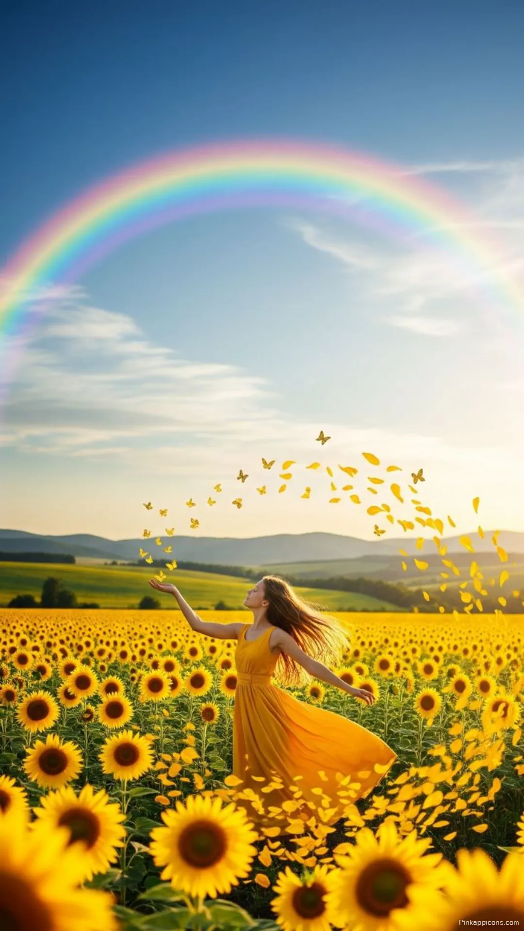 Beautiful Meadow Rainbow Wallpaper A Woman in a Field of Sunflowers at Sunset Beautiful Meadow Rainbow Wallpaper A Woman in a Field of Sunflowers at Sunset
