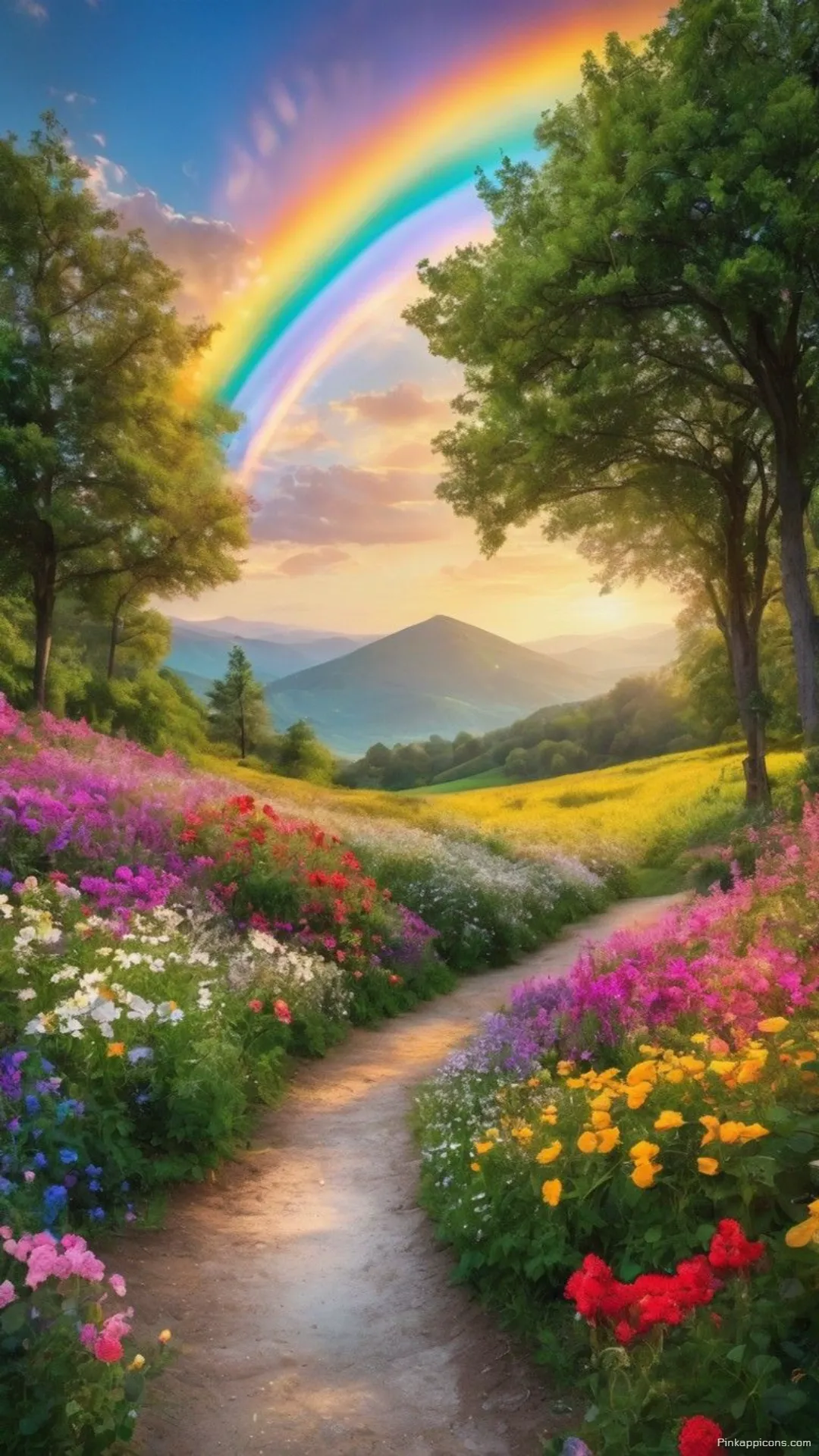 Beautiful Meadow Rainbow Wallpaper Winding Path Through a Field of Flowers Beautiful Meadow Rainbow Wallpaper Winding Path Through a Field of Flowers