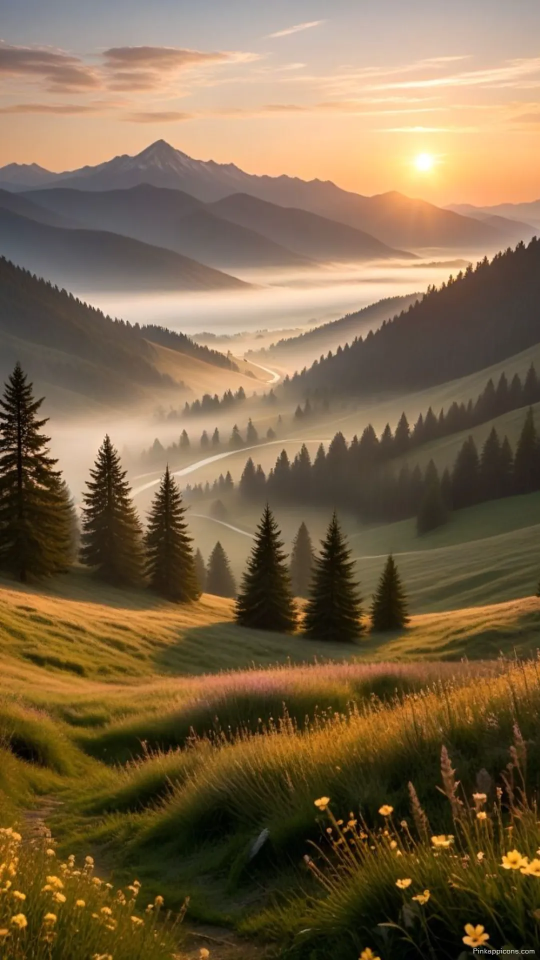Beautiful Meadow and Forest Wallpaper with a Hazy Valley View Beautiful Meadow and Forest Wallpaper with a Hazy Valley View
