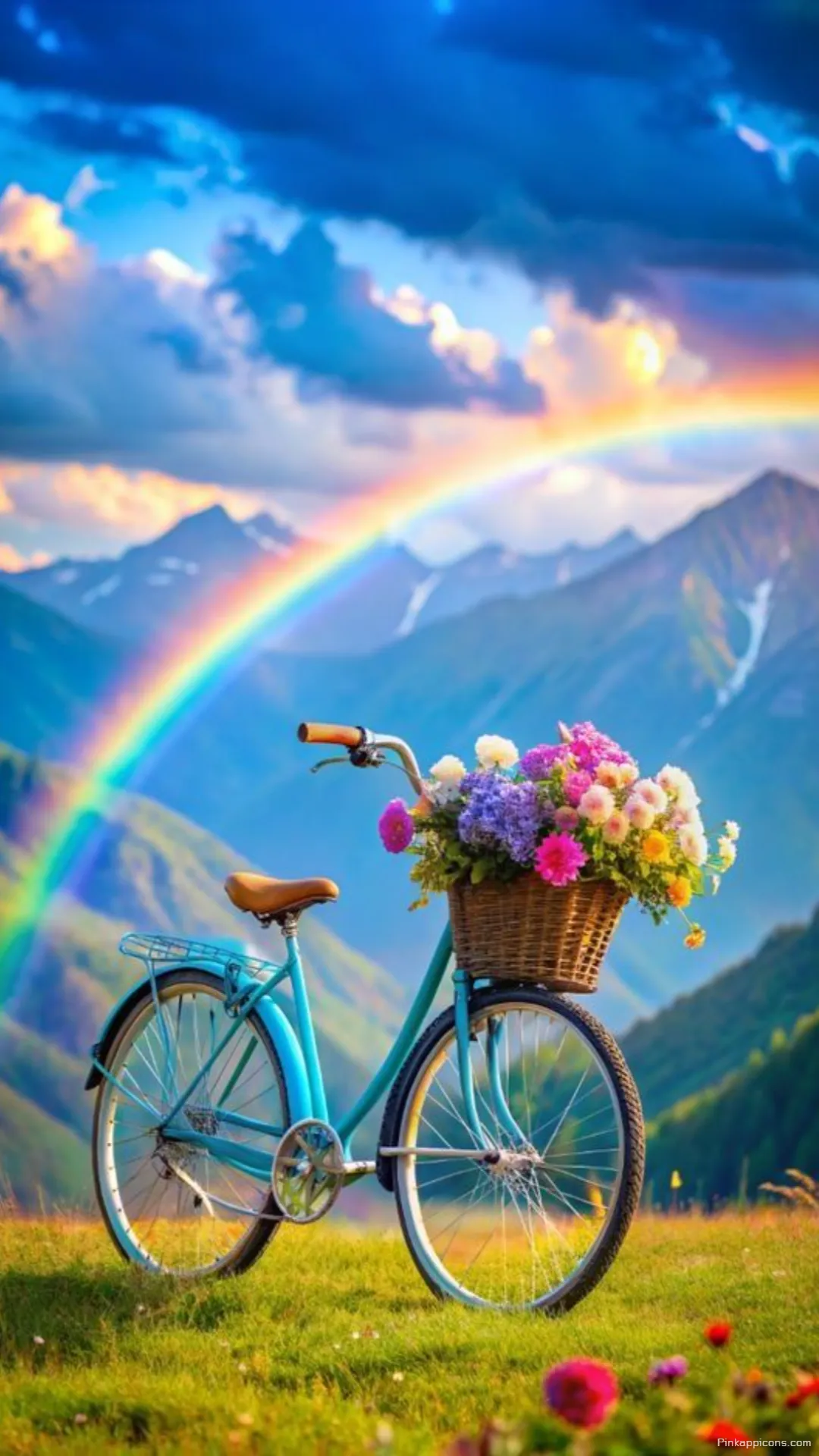 Beautiful Mountain Rainbow Wallpaper A Bicycle with Flowers on a Grassy Hill Beautiful Mountain Rainbow Wallpaper A Bicycle with Flowers on a Grassy Hill