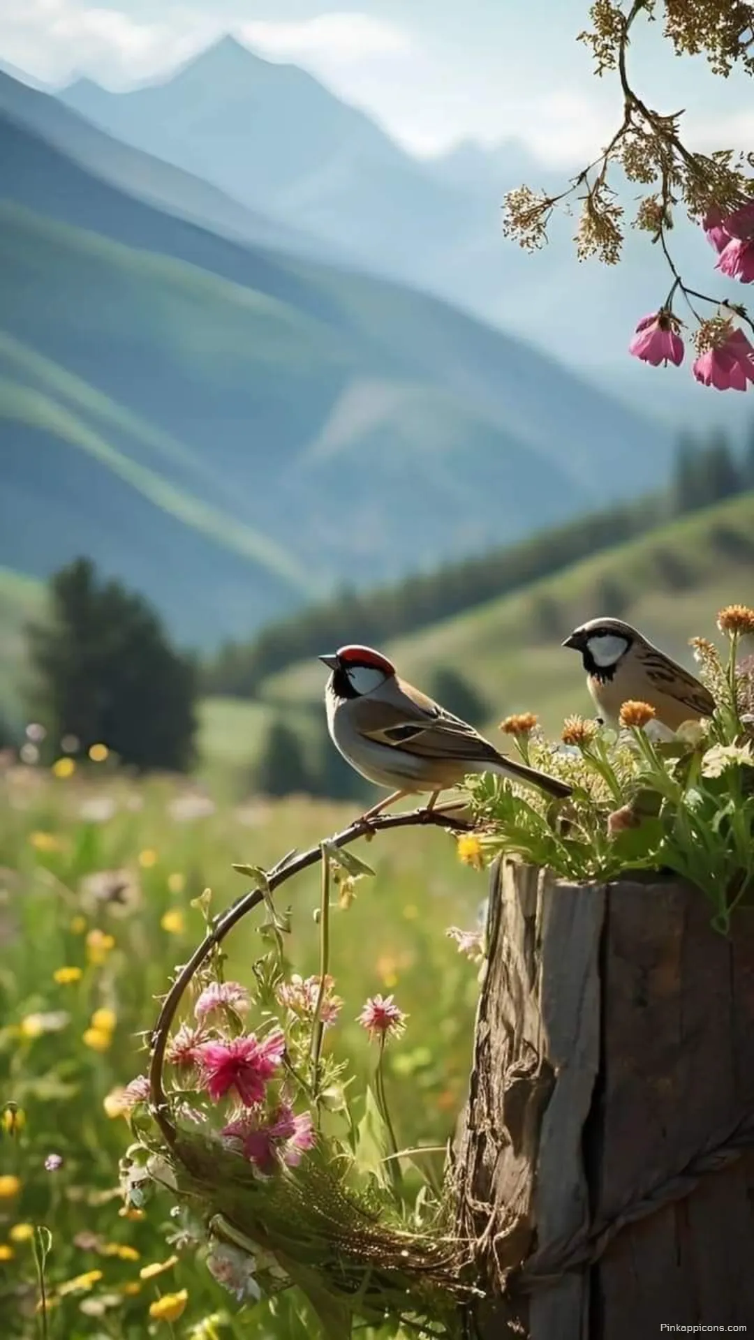 Beautiful Nature Wallpaper with Birds on a Branch and a Scenic View Beautiful Nature Wallpaper with Birds on a Branch and a Scenic View