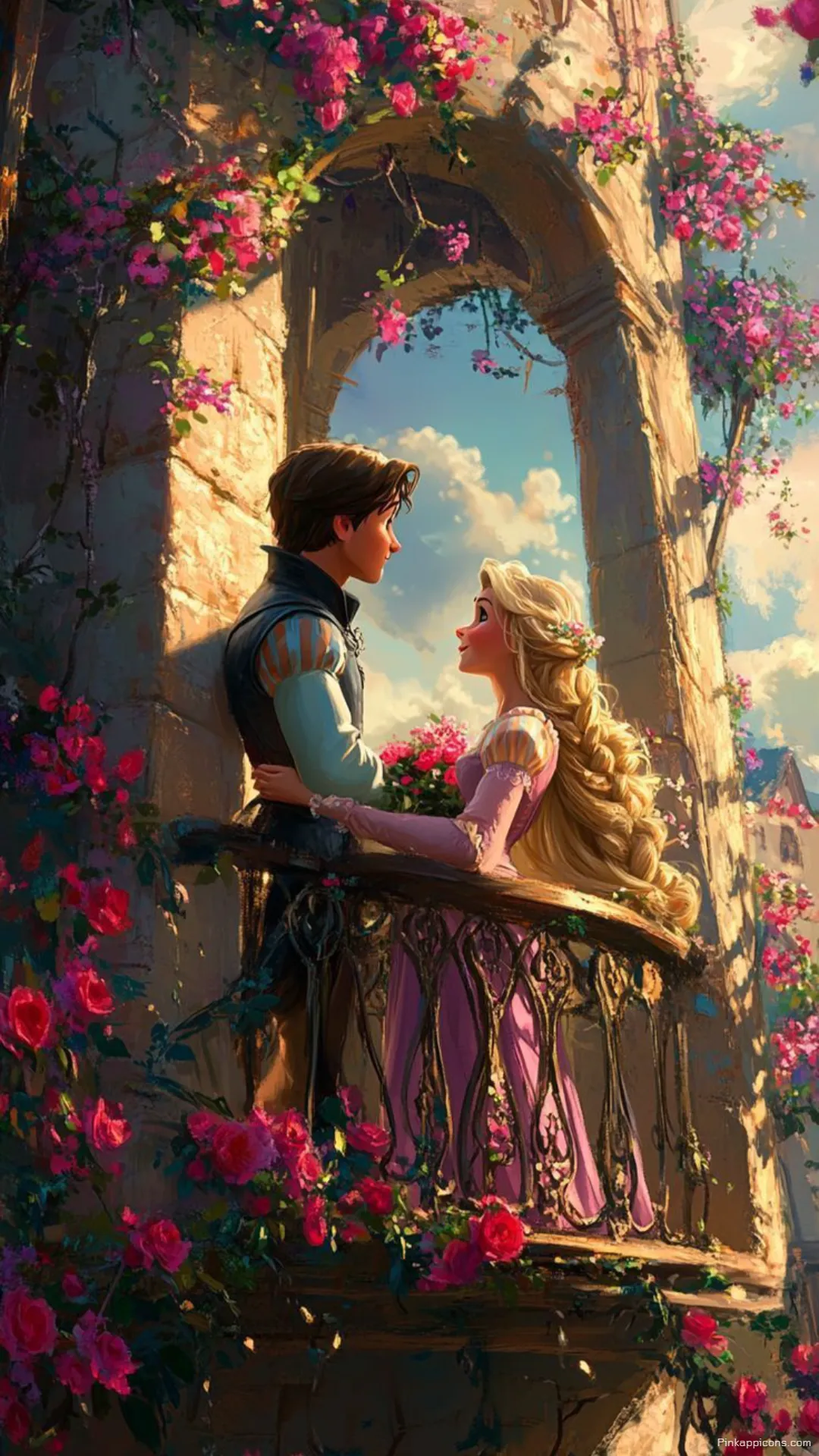Beautiful Tangled Princess Wallpaper of Rapunzel and Flynn on a Balcony With Pink Roses Beautiful Tangled Princess Wallpaper of Rapunzel and Flynn on a Balcony With Pink Roses