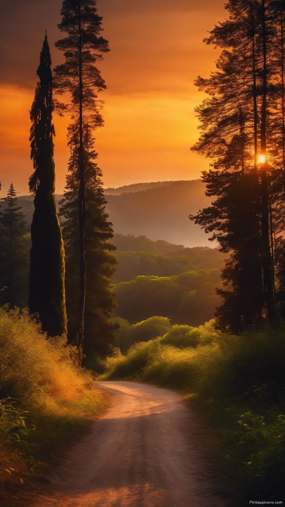 Beautiful and Serene Forest Wallpaper of a Glowing Trail and Hazy Hills Beautiful and Serene Forest Wallpaper of a Glowing Trail and Hazy Hills