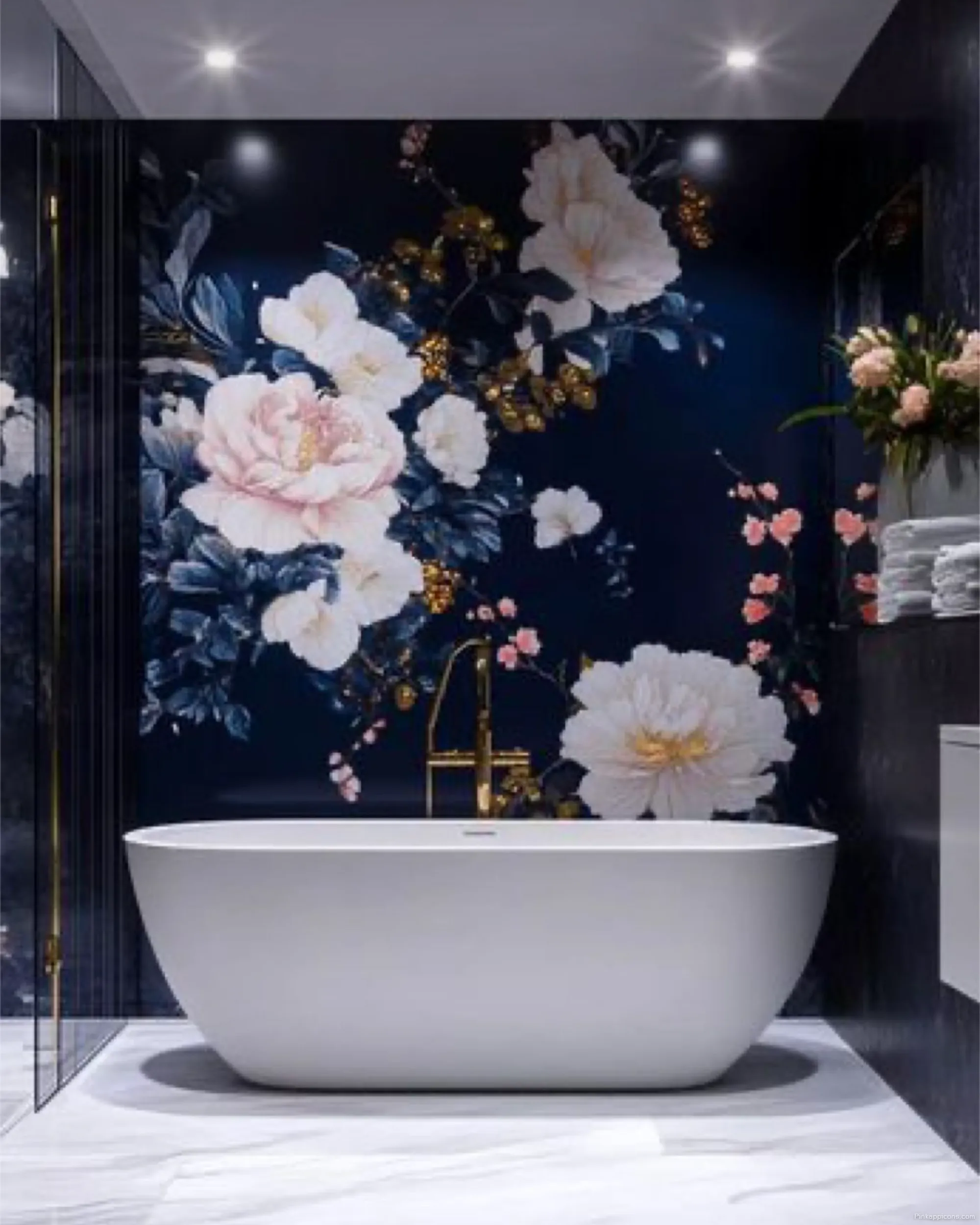 Bold Floral Bathroom Wallpaper Ideas A Dark Blue White Statement Wall Bold Floral Bathroom Wallpaper Ideas A Dark Blue & White Statement Wall