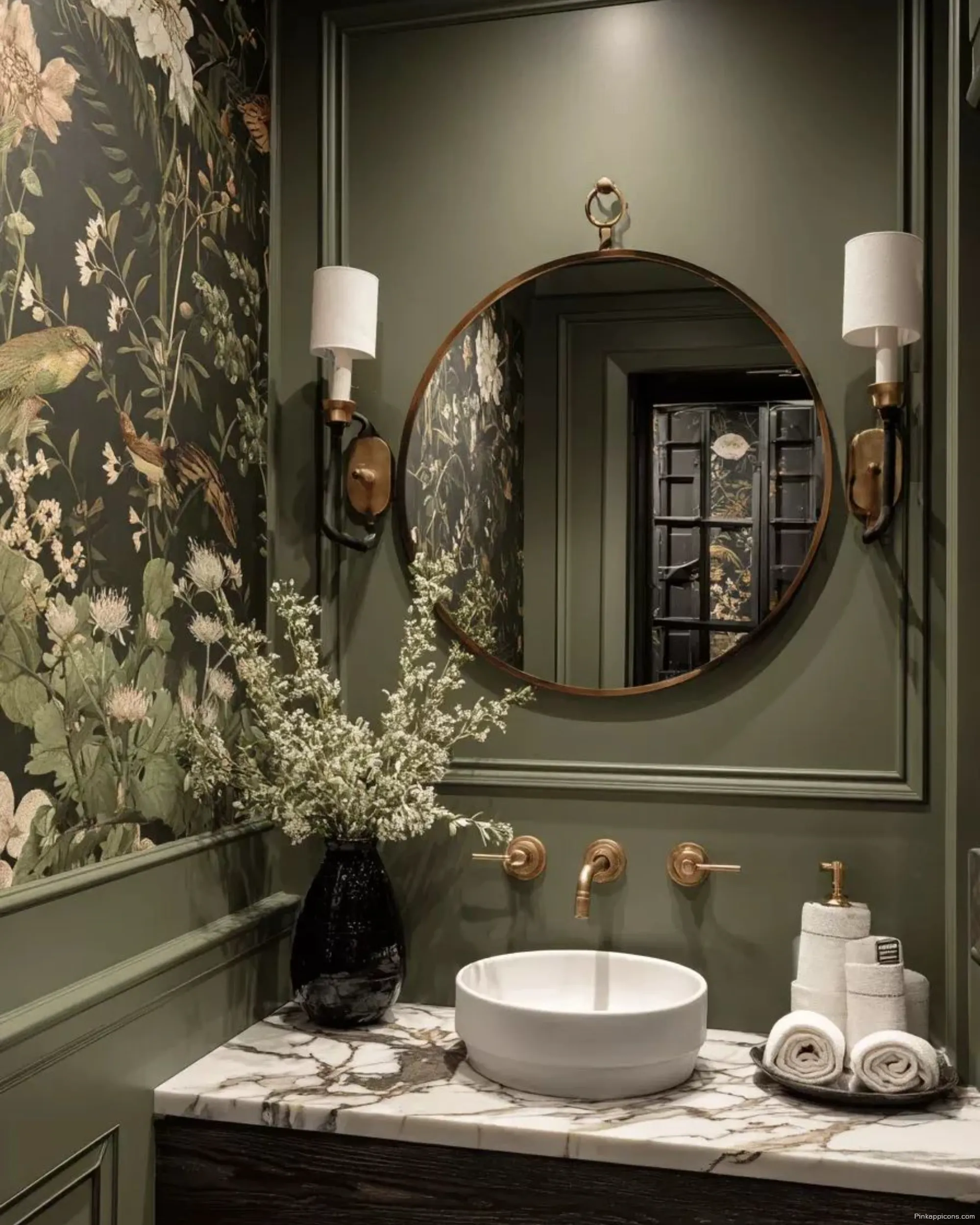 Botanical Bathroom Wallpaper Ideas with Marble Counter and Round Mirror Botanical Bathroom Wallpaper Ideas with Marble Counter and Round Mirror