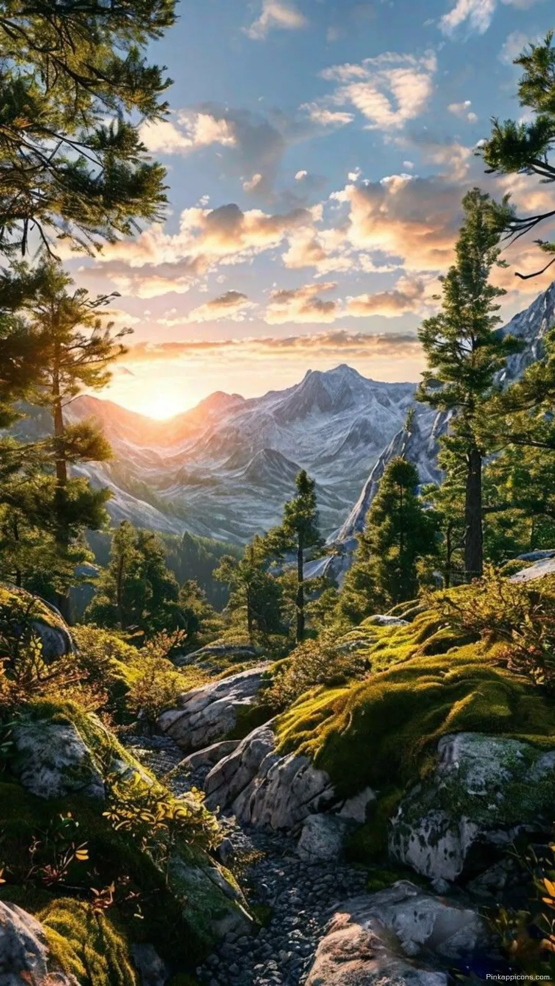 Breathtaking Alpine Forest Wallpaper of a Valley and a Glowing Sky Breathtaking Alpine Forest Wallpaper of a Valley and a Glowing Sky