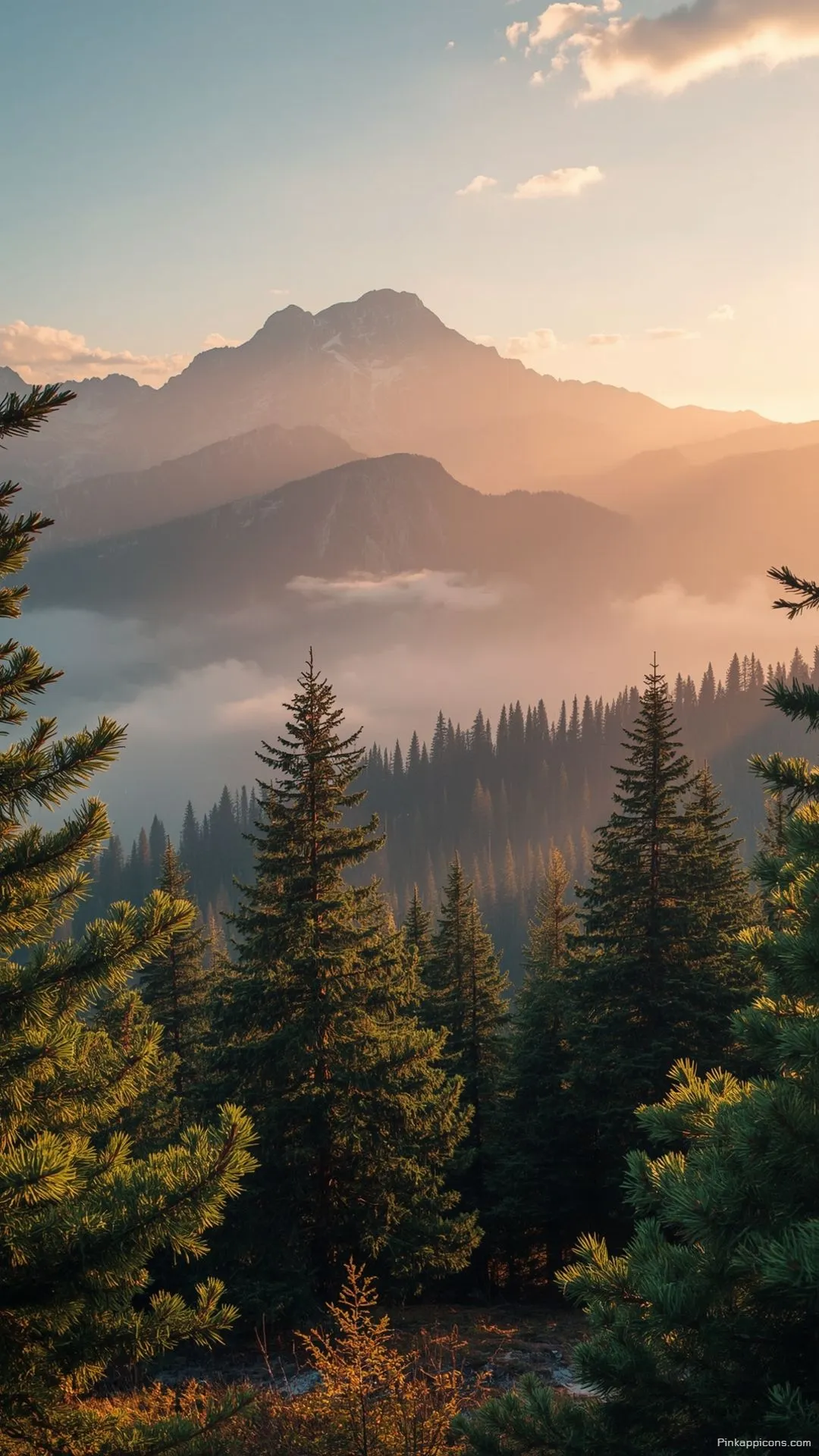 Breathtaking Alpine Forest Wallpaper of a Valley at Golden Hour Breathtaking Alpine Forest Wallpaper of a Valley at Golden Hour