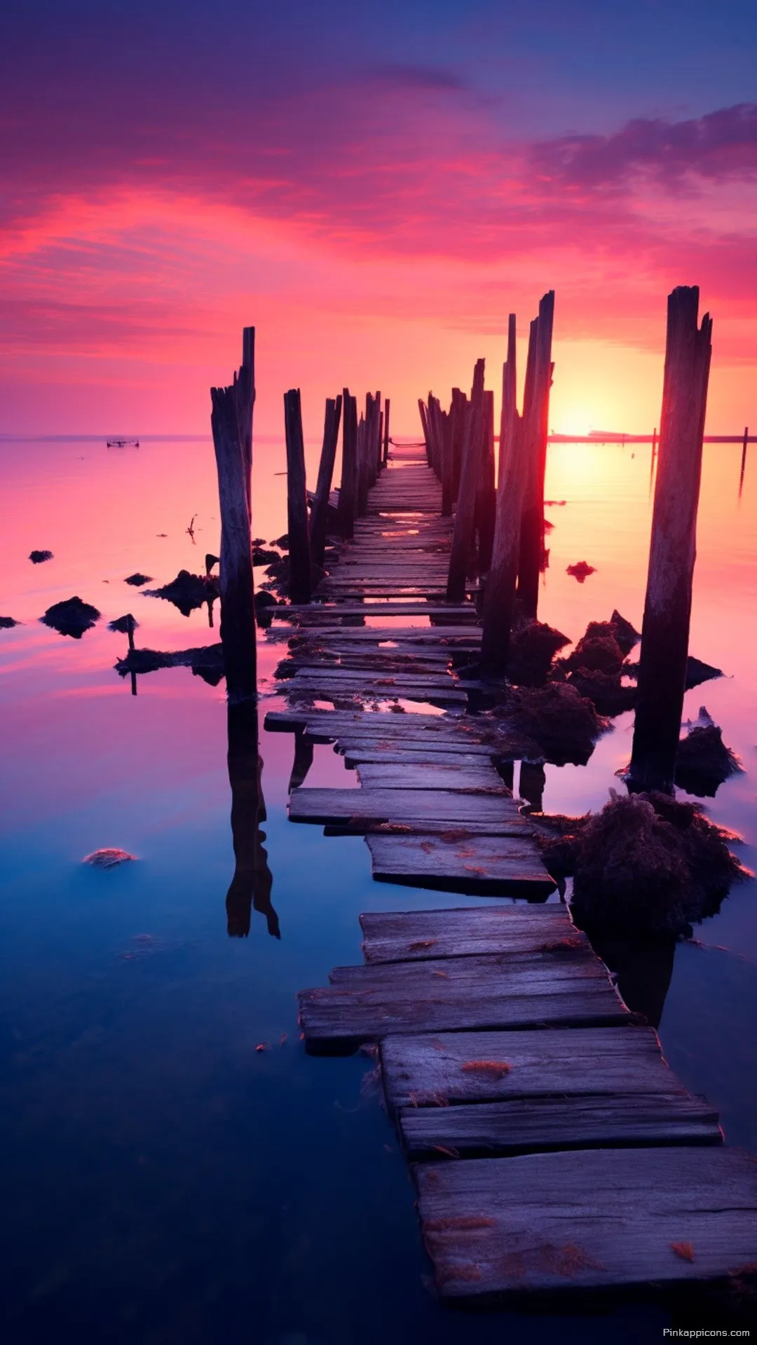 Broken Dock Sunset Wallpaper with Calm Water Broken Dock Sunset Wallpaper with Calm Water