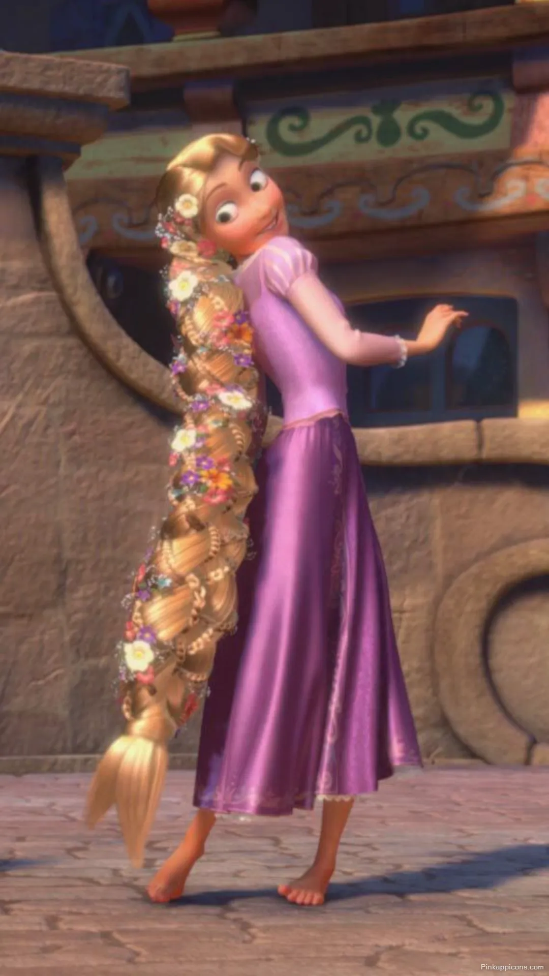 Cheerful Tangled Princess Wallpaper of a Barefoot Rapunzel Dancing in Coronas Town Square Cheerful Tangled Princess Wallpaper of a Barefoot Rapunzel Dancing in Corona’s Town Square