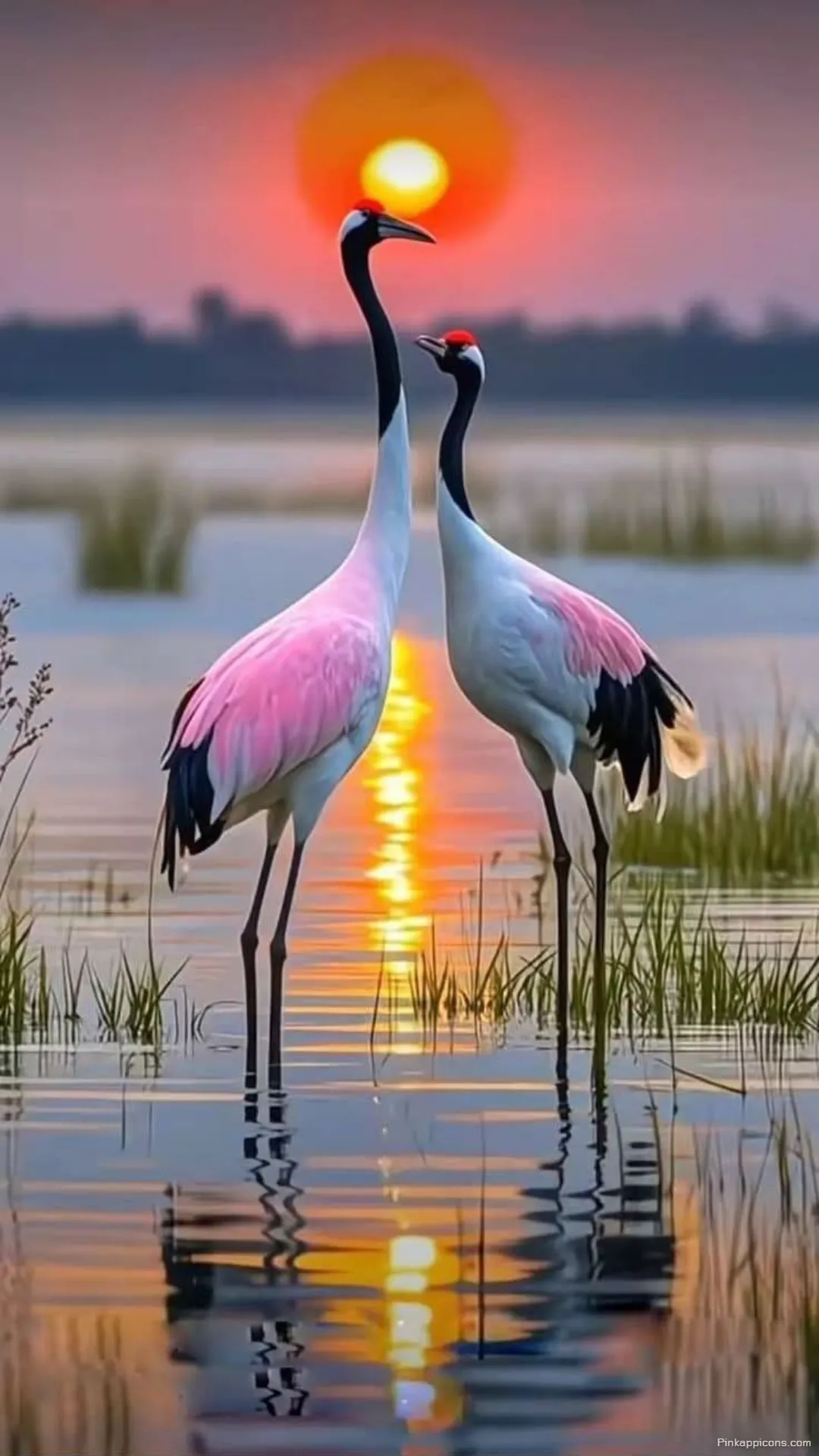 Cranes at Sunset Nature Wallpaper for Phone A Romantic View Cranes at Sunset Nature Wallpaper for Phone A Romantic View