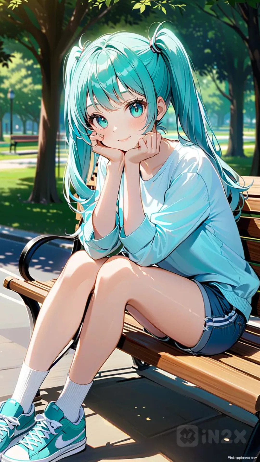 Cute Miku Wallpaper Casual Anime Girl on Bench Phone Wallpaper Cute Miku Wallpaper Casual Anime Girl on Bench Phone Wallpaper