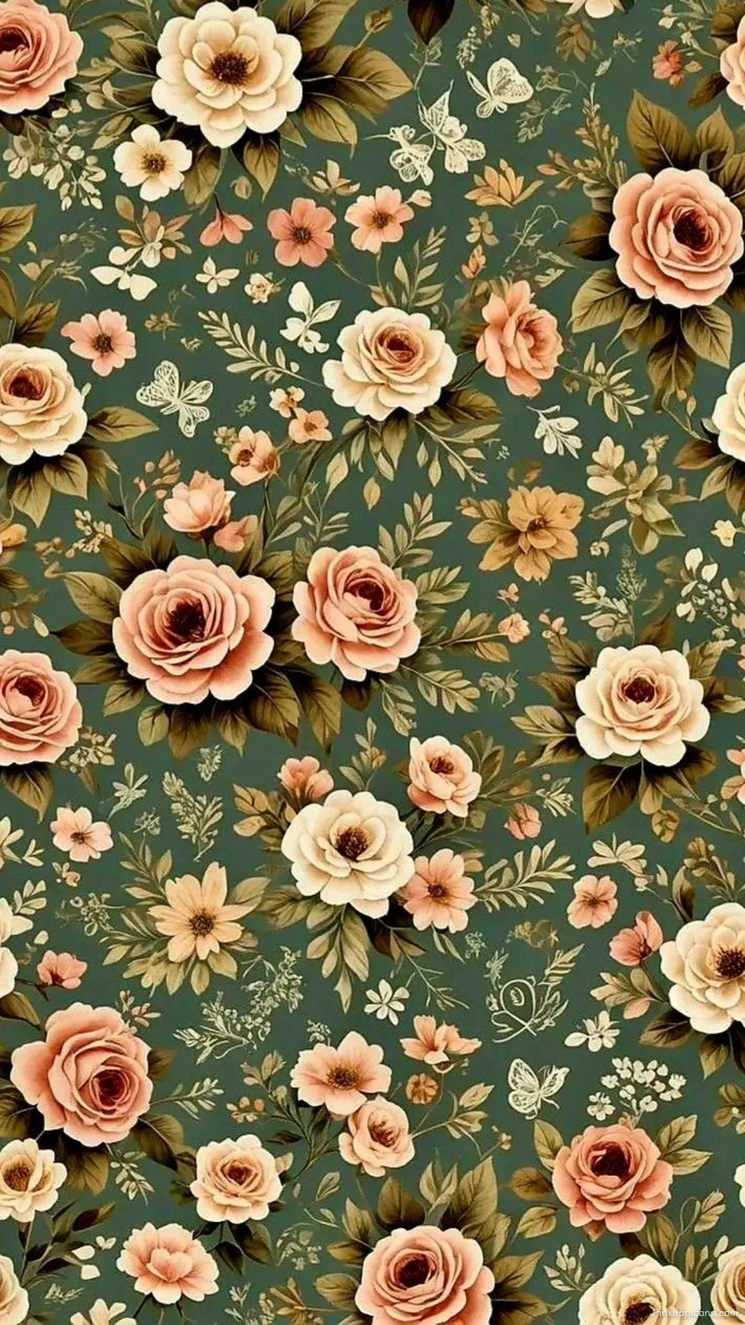 Dark Green Floral Wallpaper with Peachy Roses Dark Green Floral Wallpaper with Peachy Roses