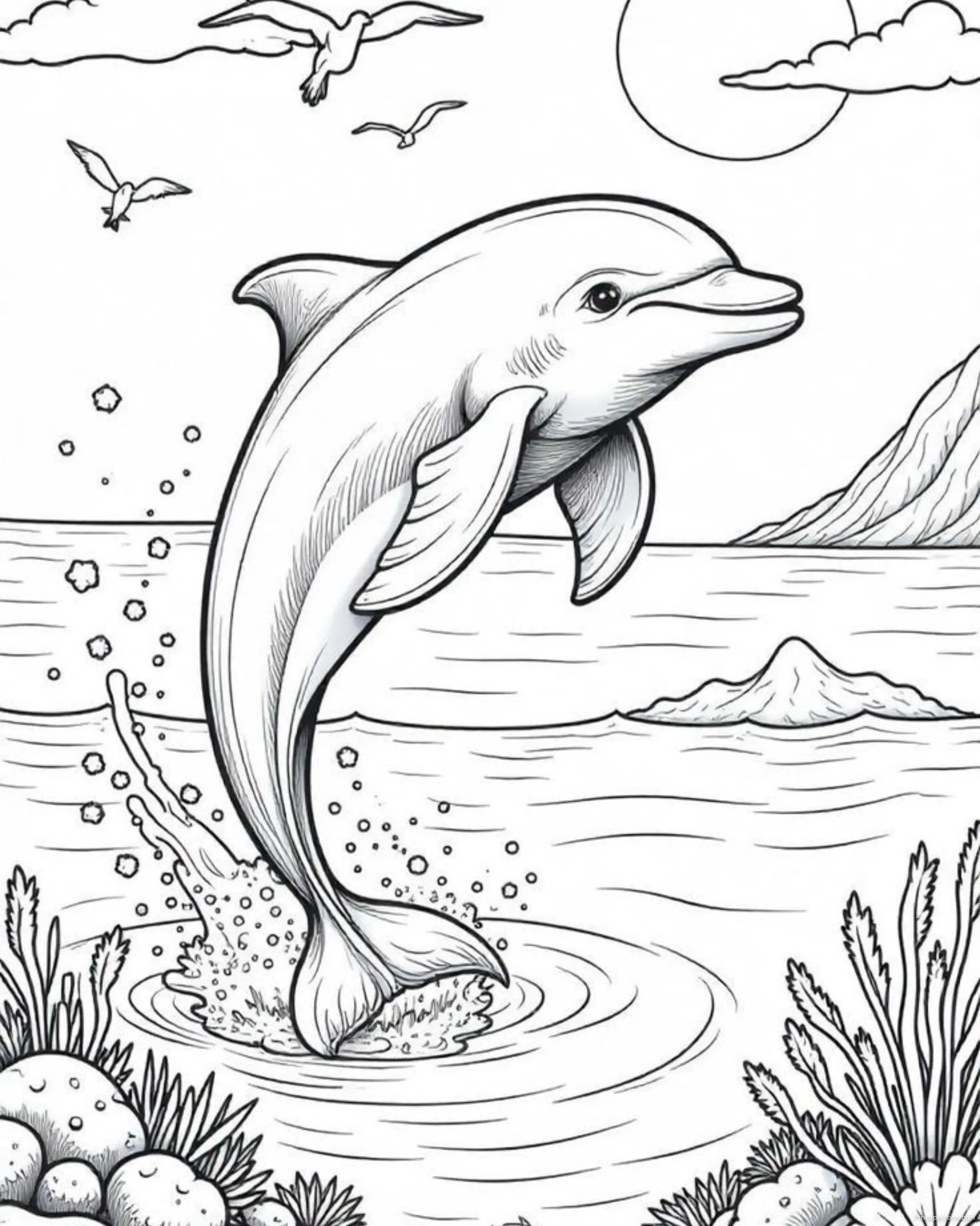 Dolphin Leaping from the Ocean Detailed Black and White Dolphin Drawing Ideas with Realistic Waves and Coastal Landscape Dolphin Leaping from the Ocean Detailed Black and White Dolphin Drawing Ideas with Realistic Waves and Coastal Landscape