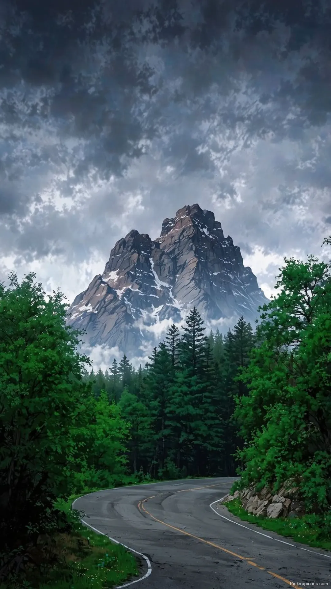 Dramatic Mountain Forest Wallpaper under a Moody and Cloudy Sky Dramatic Mountain Forest Wallpaper under a Moody and Cloudy Sky