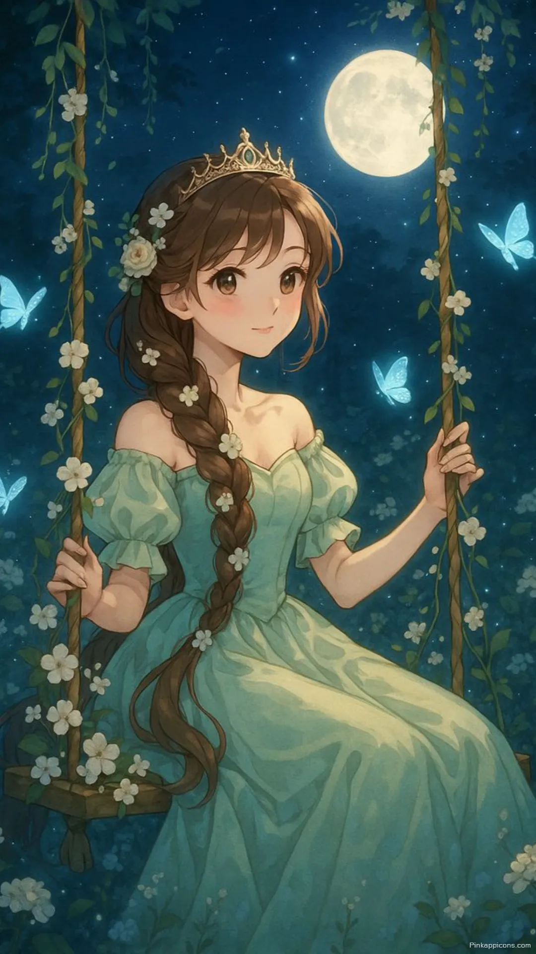 Dreamy Aesthetic Princess Wallpaper of a Girl in a Green Gown on a Swing Under a Full Moon Dreamy Aesthetic Princess Wallpaper of a Girl in a Green Gown on a Swing Under a Full Moon